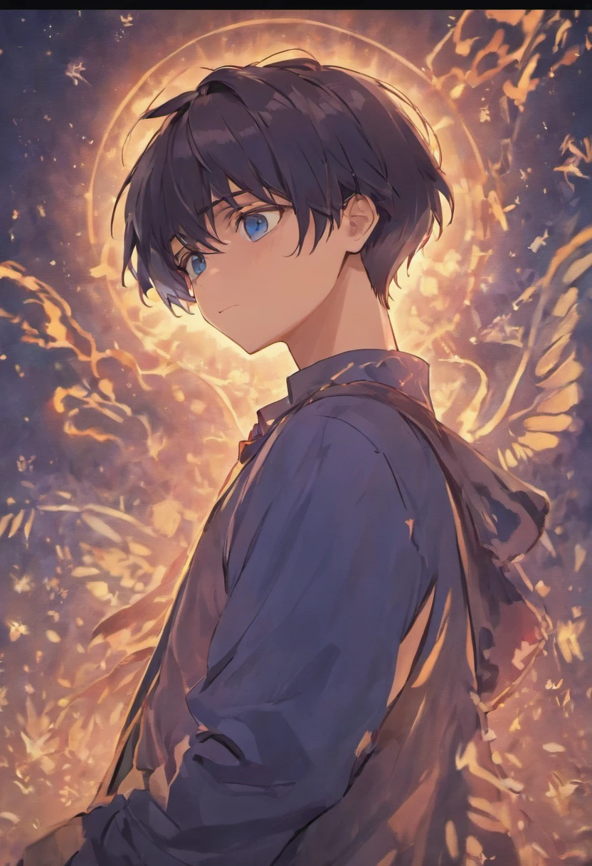 Blue delicate eyes, Embarrassed, Blushing,Mature men,with short black hair,Black predominantly,The background is blue sky and white clouds,illumination,Particle,Orange Australian butterfly