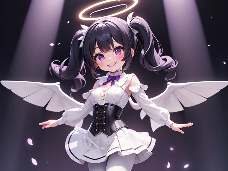 (solo, cut-in, dynamic pose, white skirt, black hair, twintails, white skirt, white pantyhose, corset, halo, delicate face,  girl, medium breast, round eyes, wing on the waist, purple eyes, god ray, smile with grin, happy:1.2)