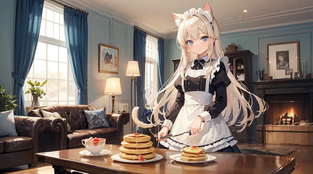 high-level image quality、Crisp down to the smallest detail、hight resolution、Only one girl（About 12 years old、childish、flat chest、Platinum blonde long hair、､(Hair splashed in the jaw)、((Long straight hair at the back)、Blue eyes、sparking eyes、a smile、cat ear、maid clothes、Holding a fork and knife。situation(frontage、Over the table、Very large three-tier pancakes、Dining、Put butter on top、shiny)。Background with(modern times、living room)