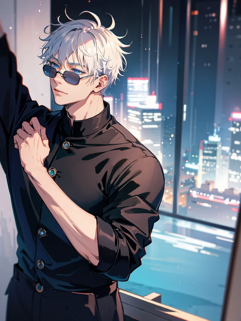 1 man, Satoru Gojo, Muscular, black greatcoat, Solo, Male focus, White hair, Short hair, hair between eye, Blue eyes, desk, Look up at the sky, colored eyelashes, sunglasses, Sad laughter, Tears in my eyes, Solo, rainy days (Masterpiece:1, 2), A high resolution, Original, extremelydetailedwallpaper, Perfect lighting, (Extremely detailed CG:1.2), Masterpiece, Best quality, Best quality, Masterpiece