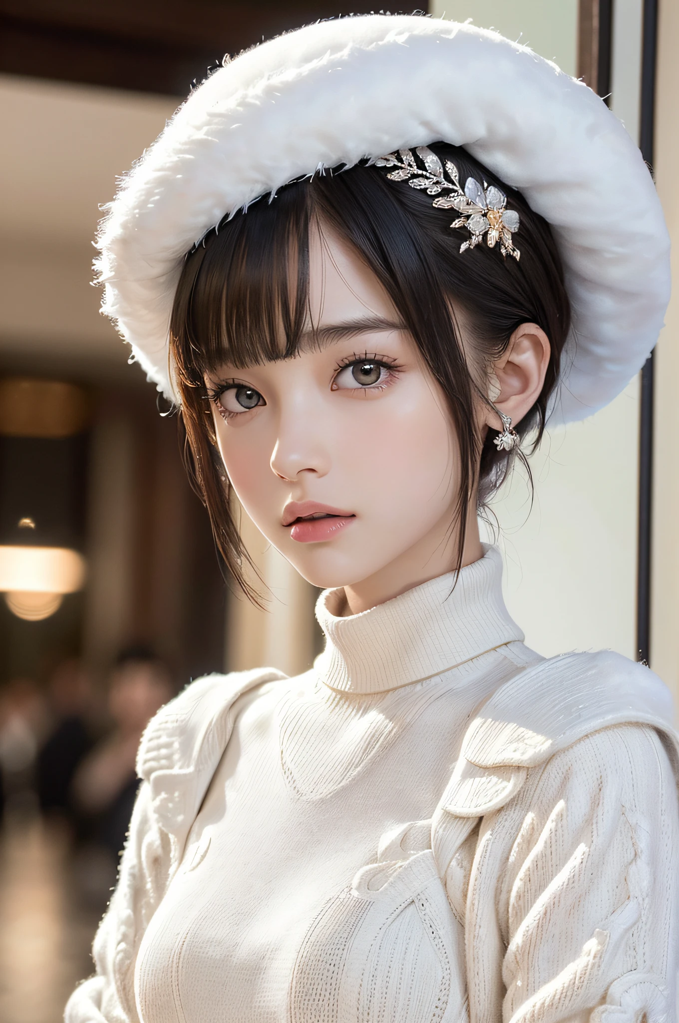 masterpiece, 1 beautiful girls, (((very_short_hair))), Eye details, Swollen eyes, Top image quality, 超A high resolution, (Realistis: 1.4), OriginalPhotographs, 1Girl, Cinematographic lighting, japanes, Asian Beauty, Korean, very beautif, Beautiful skins, thin, (A hyper-realistic), (hight resolution), (8 K), (ighly detailed), (The best illustrations), (beautifully detailed eyes), (ultra-detailliert), A detailed face, see the beholder, Facing straight ahead, Neat Clothing, shorth hair、A dark-haired、46-point diagonal bangs、Interior background of luxury hotel、flower arrangement、vases、Neat and clean