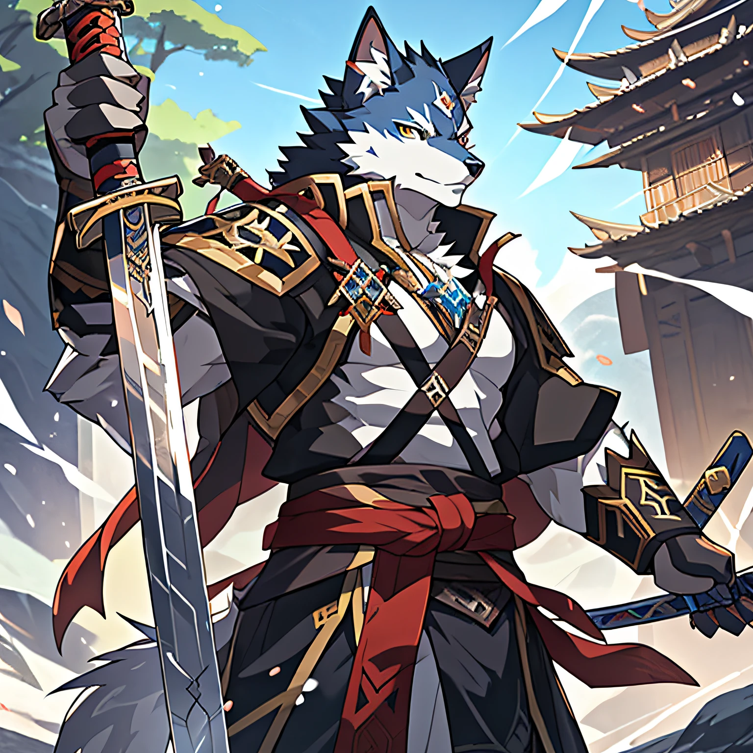 anime, Anime art, White wolf, sword, sword, sword, sword, sword, sword, sword, sword, sword, sword, sword, sword,, From Arknights, handsome guy in demon killer art, Keqing from Genshin Impact, detailed anime character art, crisp clear rpg portrait, trending on artstation pixiv, dnd fantsay art