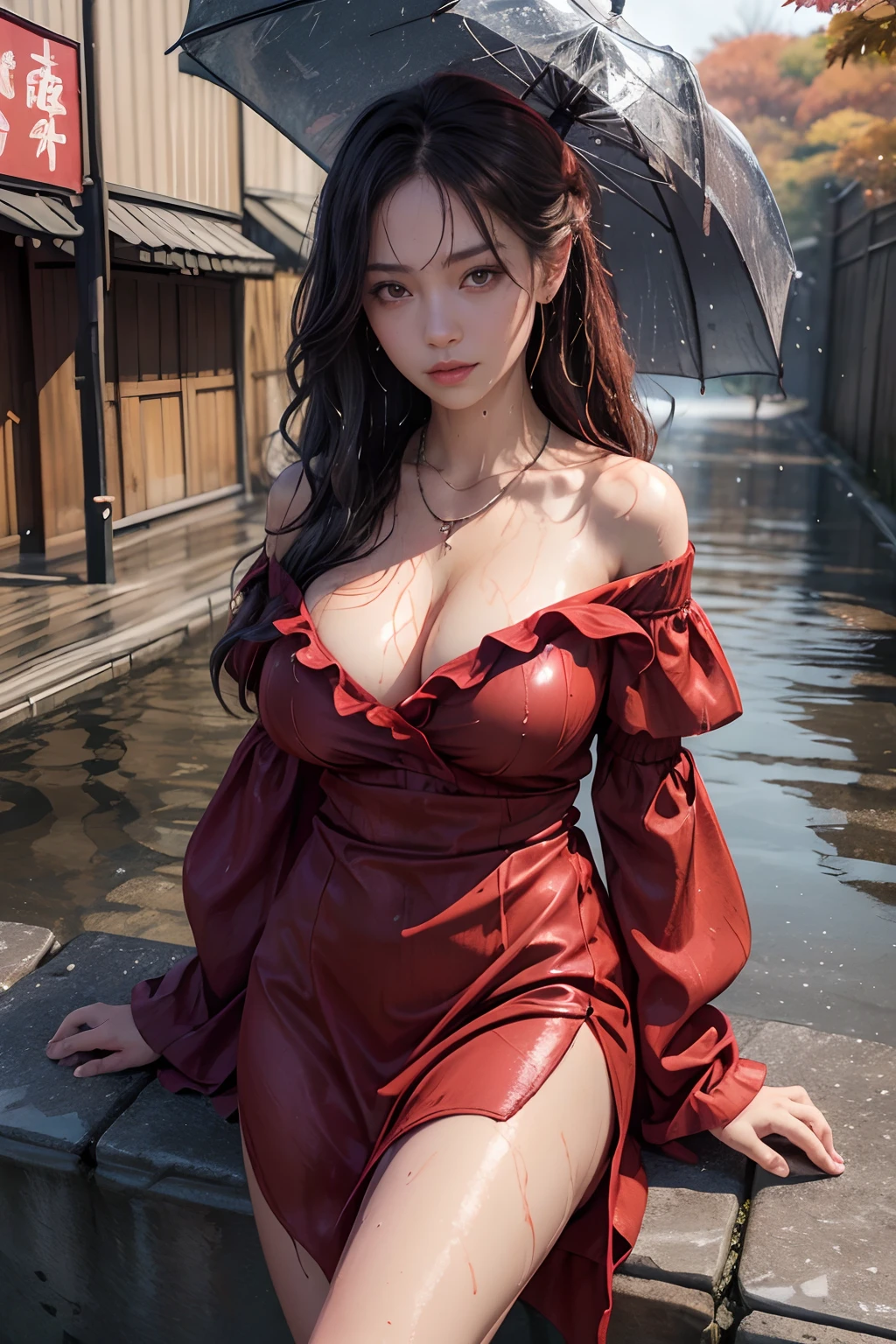 masutepiece,A hyper-realistic,32K,the Extremely Detailed CG Unity 8K Wallpapers, Best Quality, kyoto, Japan, (Loose Fit Dark Red Off-the-Shoulder Dress ), Pull your hand low ,((autumn day )), Beach waves with side parts ,eardrop,Lady ,Necklace,Sexy,Breast, cleavage, Spilling, (Breasts out), Visible underwear, ((Wet clothes)), Wet skin, Wet hair, rainy day, soaked, Drenched