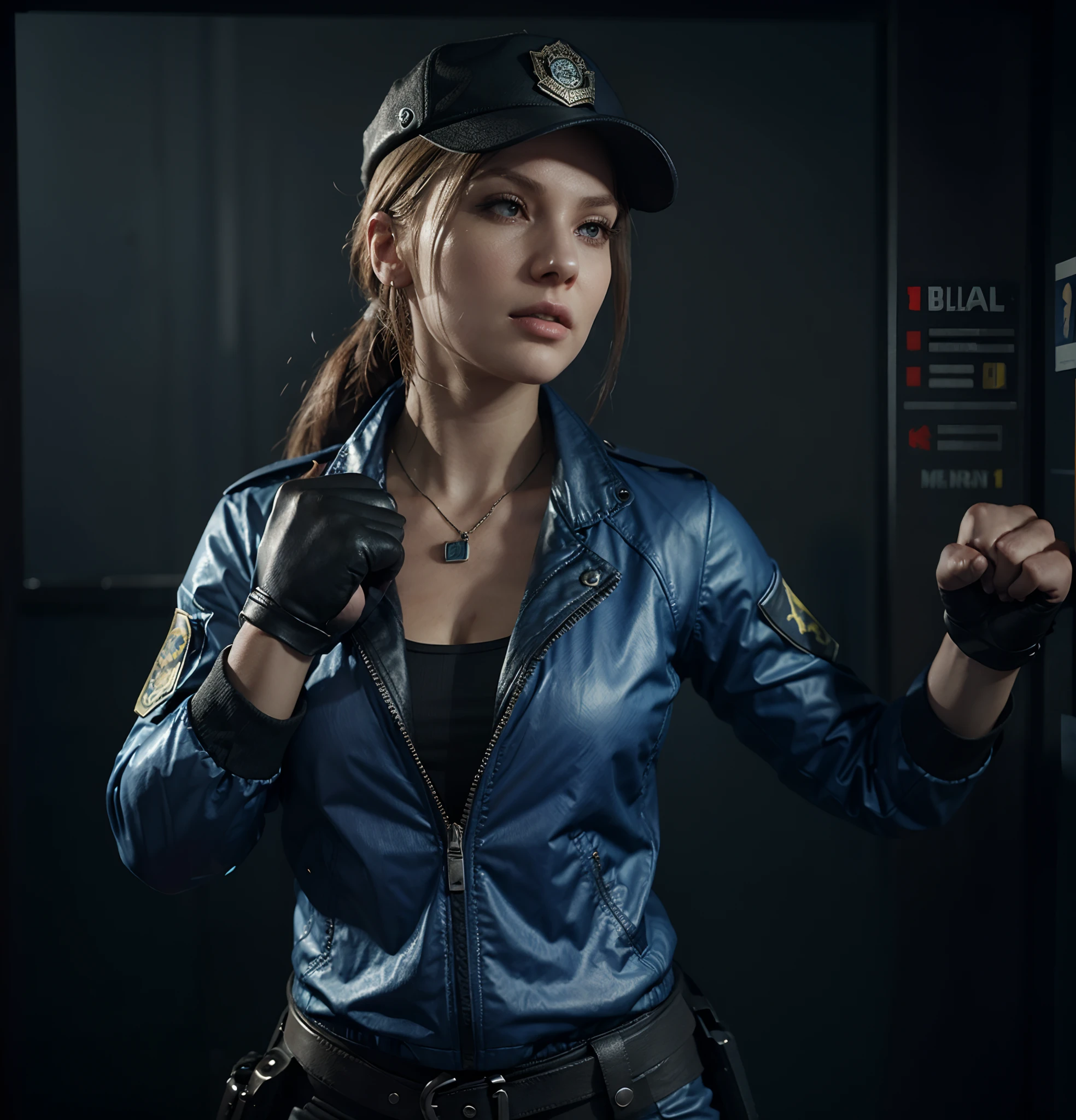 woman in a blue police jacket and hat, holding fists up, glamorous jill valentine, in a dark space mercenary outfit, female lead character, female character, as a character in Mortal Kombat, video game character, Sonya Blade from Mortal Kombat, sci fi female character, female investigator, solo female character, render of Carlee Baker, blueshift render