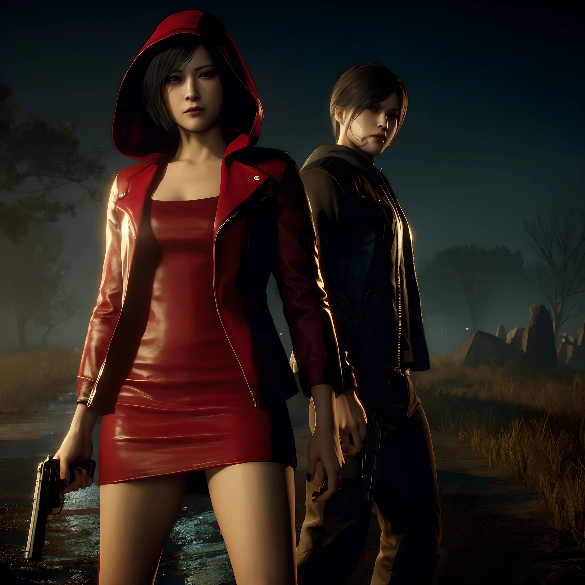 Ada wong, beautiful face, bob hair, perfect Face, wearing mini red rose dress hoody, black nail polish, glare expression, little smile, holding a gun