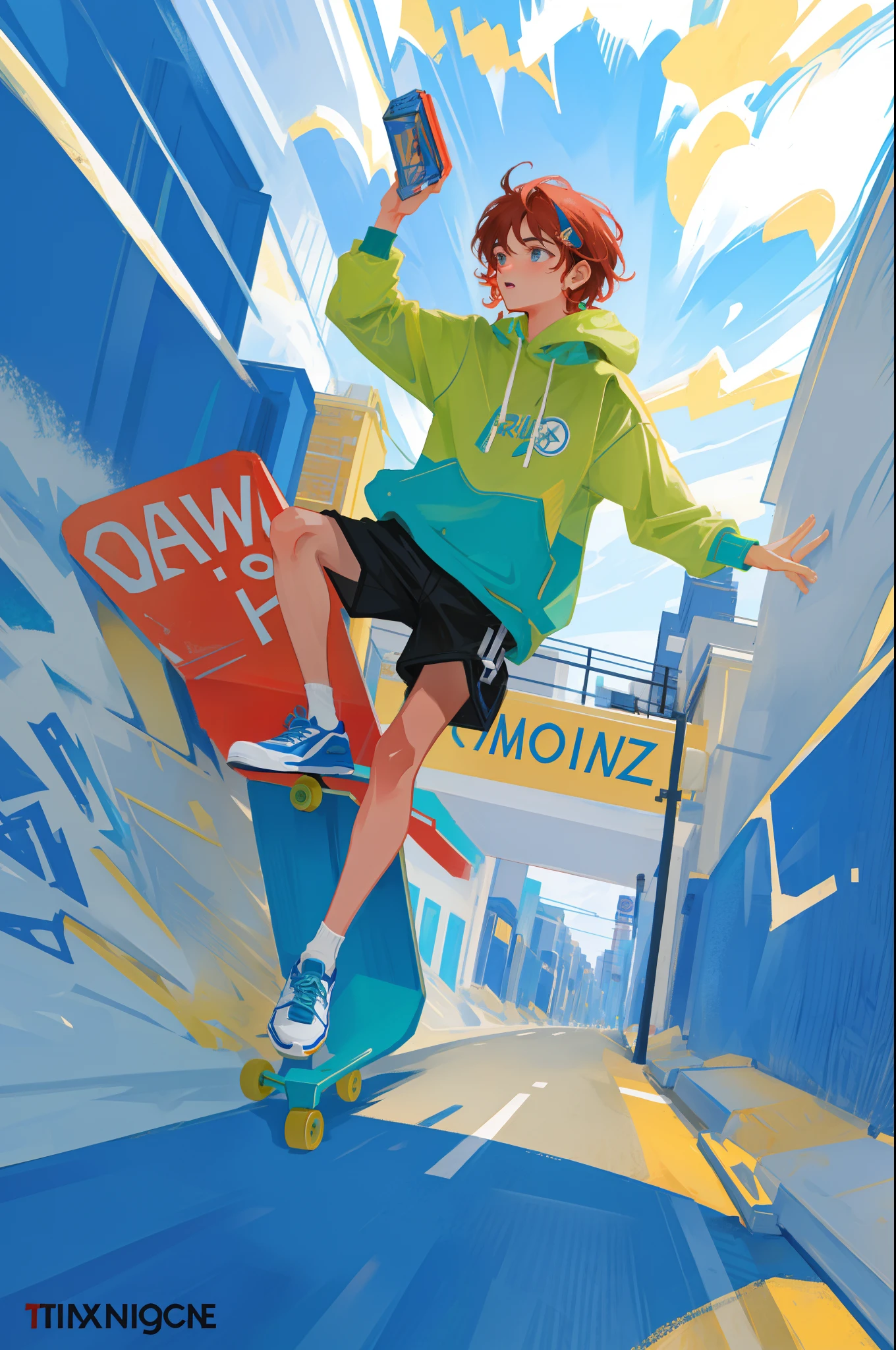 Cartoon of a man riding a skateboard on a city street, Commercial illustration, editorial illustration colorful, Game illustration, Winner of the 2021 competition, cover game art, full-colour illustration, Inspired by:《Unknown crew》, inspired by Tim Doyle, author:Ignacio Zuloaga, full color digital illustration, published art, cover illustration, front cover of a new video game