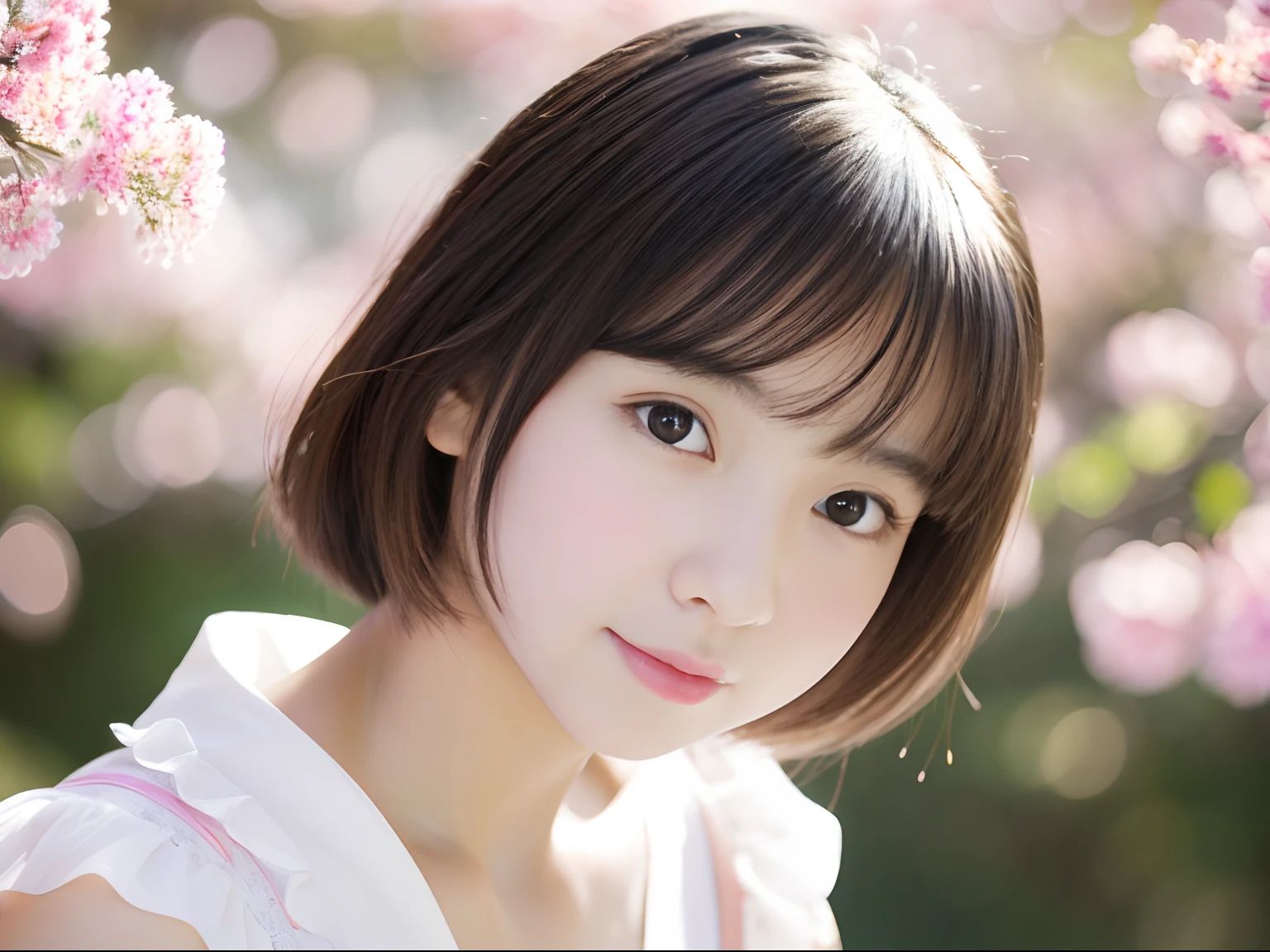 14 year old cute Japan girl in white camisole、Crystal clear white skin、pale pink cheeks,、Bust Up Portrait、short-hair、Looking at the camera、鎖骨、High-angle camera shooting