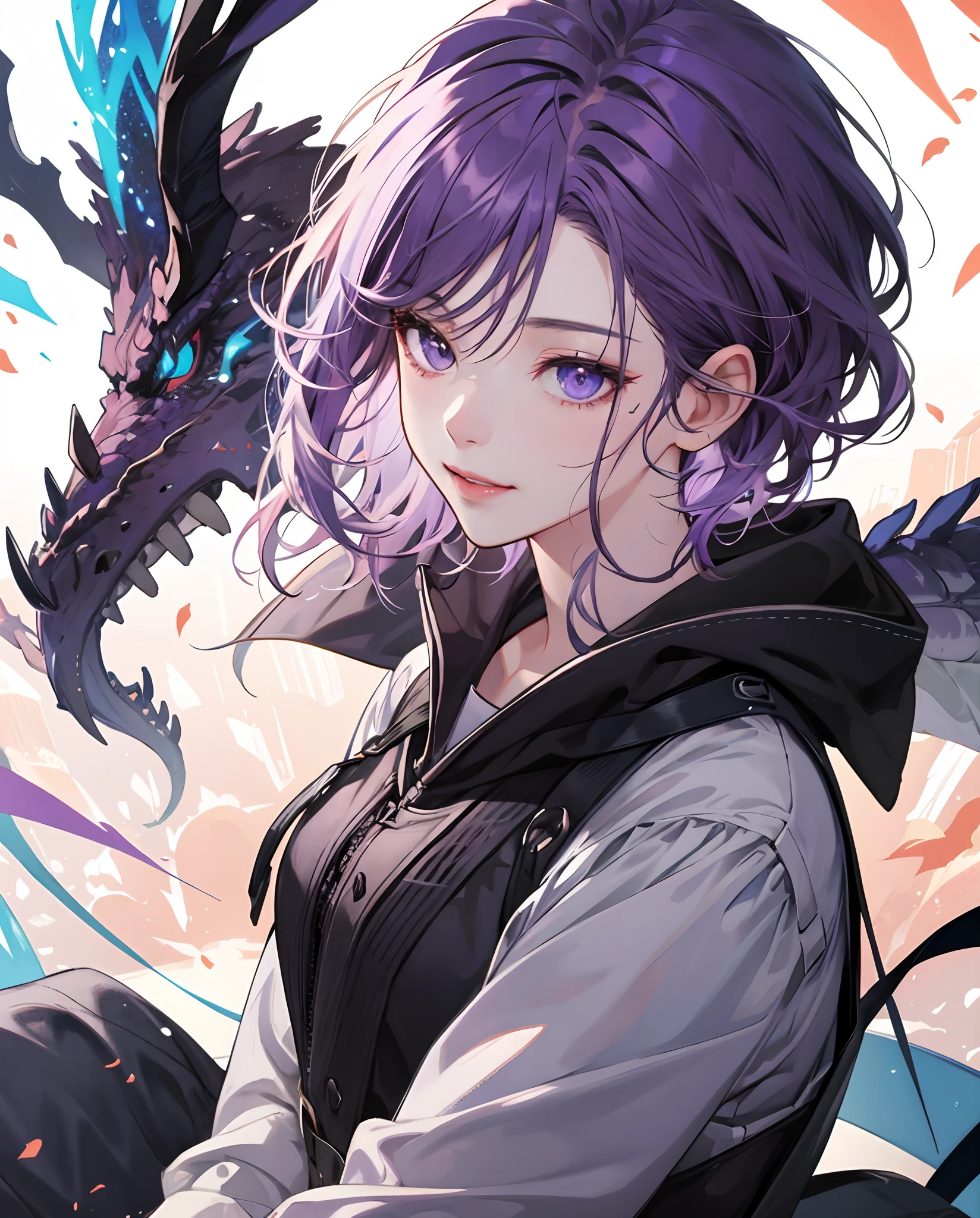masterpiece、top-quality、超A high resolution、2D Beautiful Girl、animesque、teens girl、purple color hair、short-haired、Appearance like a thunder dragon、Beautiful purple eyes、The clothes are also depicted in detail、Eyes are depicted in detail、The face is depicted in detail、sorcerer、soio、Gentle smile、hair adornments、animesque、illustratio