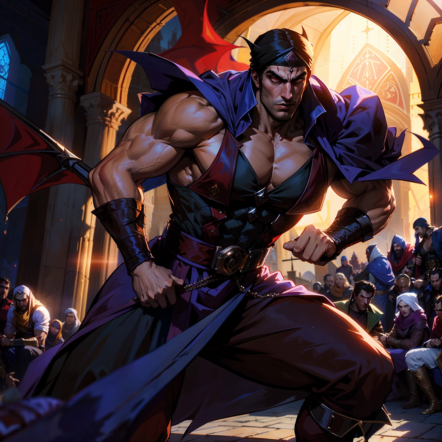 Marocain Islamiv Castlevania Hyper Réaliste Seigneur de l’Ombre Super Détaillé Seigneur Dracula Hokuto no Ken Kenshiro Style Beau Turban Rouge Musclé dans la guerre fighting devils and demons Epic War 3 Points perspective