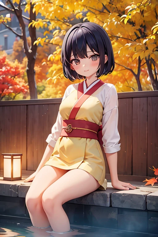 Cute girl with fashionable short haircut,hot onsen,nigh sky,Colored leaves