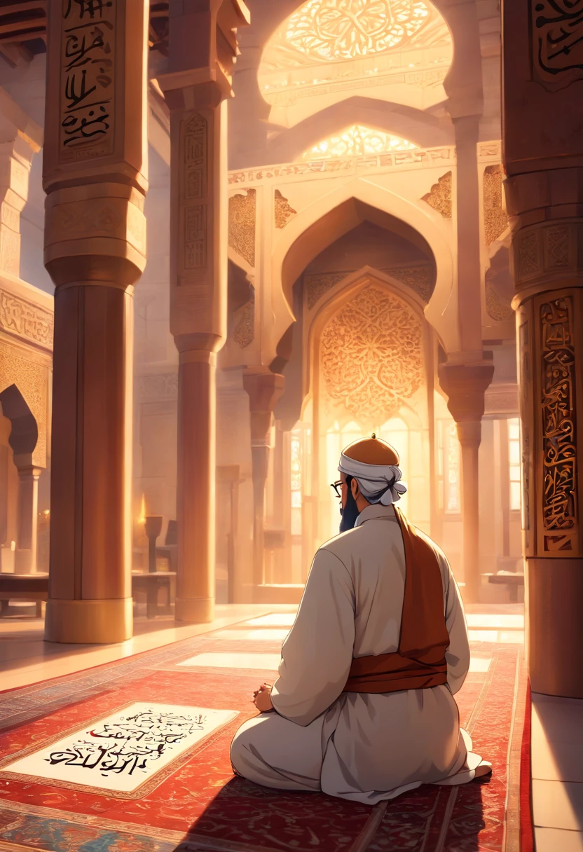 Man reading Quran in the mosque, back view, beautiful detailed eyes, long beard, white thobe, peaceful atmosphere, soft lighting, traditional architecture, wooden prayer beads, holy book, Islamic calligraphy, decorative tiles, intricate patterns, tranquil setting, prayer mat, spiritual devotion, quietness, serene ambiance, prayer room, religious practice, faith, devotion, tranquility, divine connection, religious ceremony, reverent atmosphere, Muslim worship, religious contemplation, deep meditation, sacred space, religious tradition, architectural marvel, timeless beauty, cultural heritage, Islamic art, spiritual enlightenment. (best quality, 4k, highres, ultra-detailed), (realistic, photo-realistic:1.37), vivid colors, soft lighting, sharp focus, bokeh. Islamic calligraphy style, warm color tones, natural light.