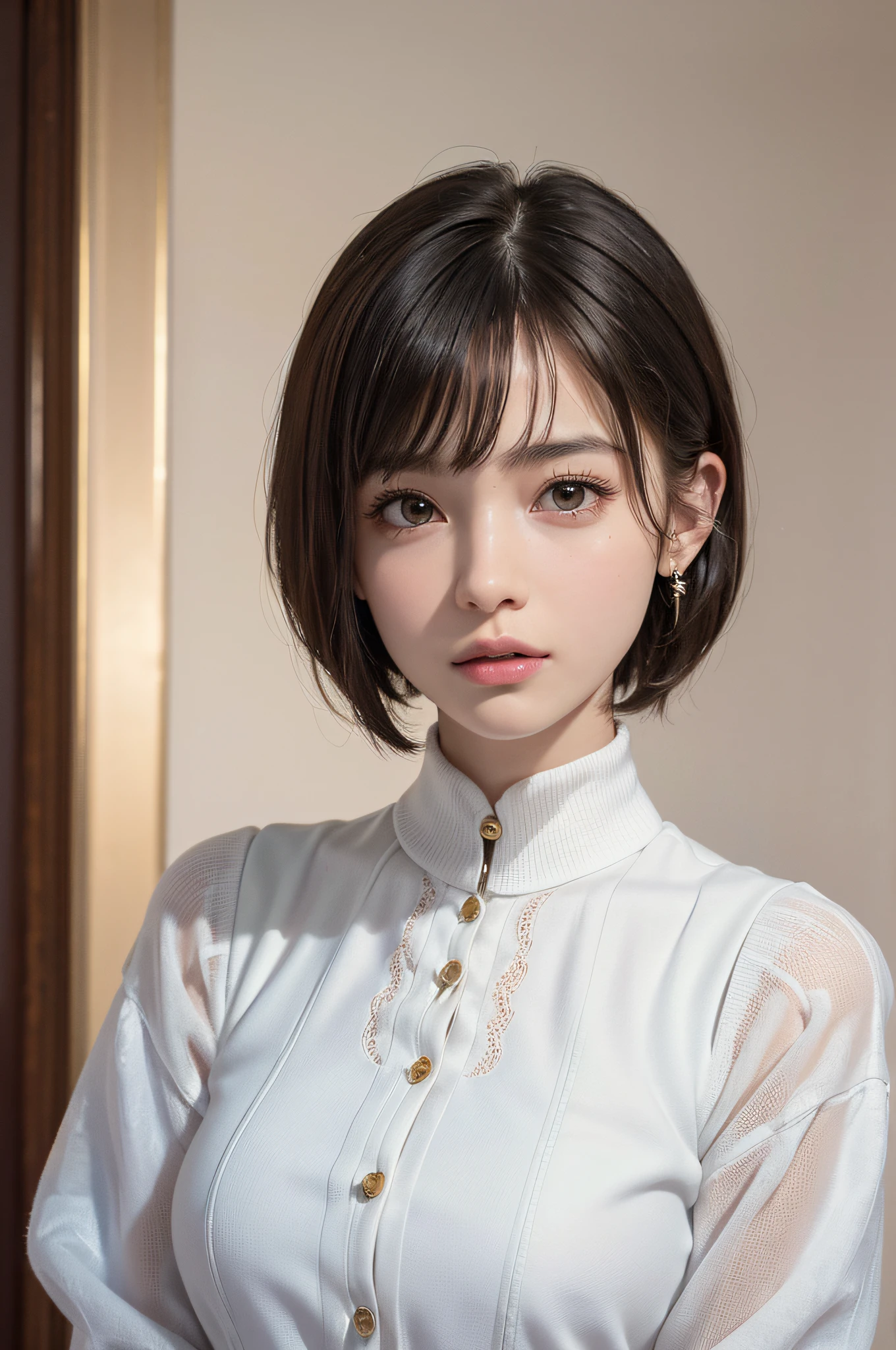 (8k, RAW photos, top quality, masterpiece: 1.2), ultra detailed, super resolution, (real, real photos: 1.37), portraits, high definition RAW color photos, professional photos, very detailed and beautiful, highly detailed, 8k wallpapers, amazing details, huge file size, official art, highly detailed CG Unity 8k wallpapers, highly detailed beautiful girls, highly detailed faces, Highly Detailed Eyes, Highly Detailed Skin, Highly Detailed Fingers, Very Detailed Nose, Highly Detailed Detailed Mouth, Perfect Anatomy, Detailed Background, Detailed Clothes, One Girl, (20:1.2), 20s, Cute Girl, Realistic Body, Petite, White Skin, Radiant Skin, Slim Body, Black Hair, Short Hair, (Blunt Bangs: 1.2), Cute, Youthful, Pretty Face, Realistic Face, Delicate Eyes, Sale Eyes, ( (Fashionable winter clothes)), ((Up)), ((((Short hair)))), Earrings, Looking at the camera, Cowboy shot, Facing Front, Standing Posture, Contrapposto, Dynamic Lighting, C Cup Breasts,