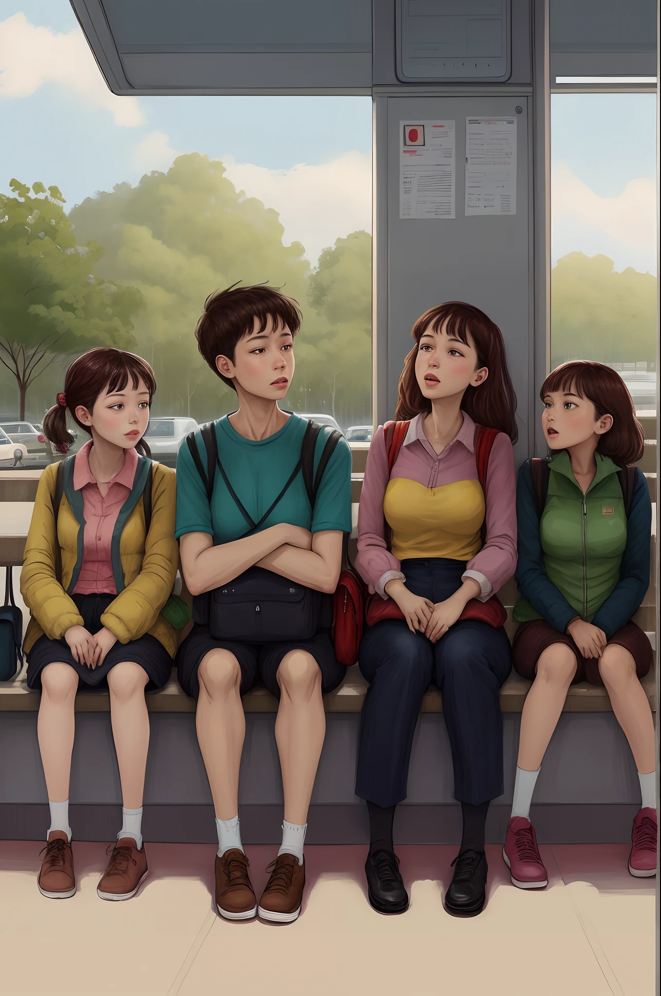 sex on the train, NSFW,three women and a boy, (Three women with a boy fill the screen, women squeezing the head of a 9 year old boy with their breasts :1.6), shota masterpiece, high quality shotacon, High contrast, High Definition, high resolution, realistic animation style, three beautiful and sexy working women with small son , , Each one with a different face, feeling unconfortable surrounded by many crowded train. The focus is on the natural expressions of the characters., with dim lighting, expressive eyes, and tight poses. The women wear casual clothes and are slim and delicately attractive.. The setting is a crowded train car during conmuting hours, emphasizing confined space,(Free version) richly drawn and delicate