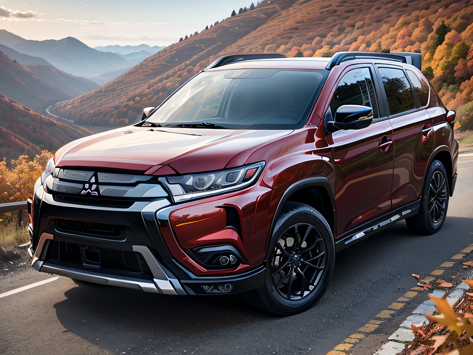 超A high resolution、An ultra-high picture quality、8K、Detailed details、marvelous expression、Late autumn valley、Beautiful autumn leaves、A black SUV that runs gracefully on a mountain pass built along the mountain、((MITSUBISHI Outlander 3000GT Evolution WRC Specifications))