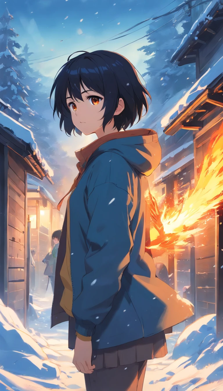 Spectacular scenes of destroyed cold villages, Covered with dense snow. Young protagonist with black hair and bright golden eyes, Wounded by confrontation, Awaken the power of fire.
