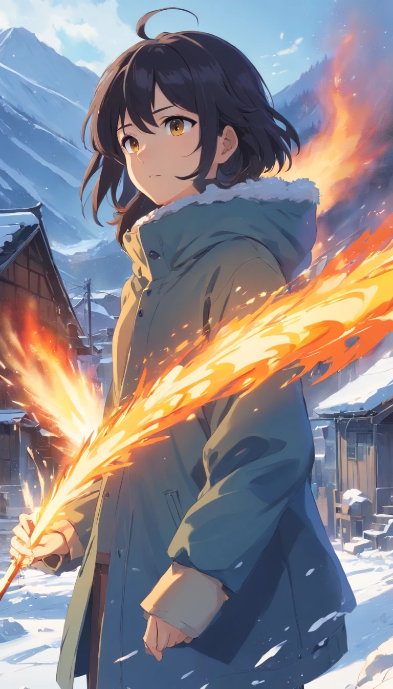 Spectacular scenes of destroyed cold villages, Covered with dense snow. Young protagonist with black hair and bright golden eyes, Wounded by confrontation, Awaken the power of fire.