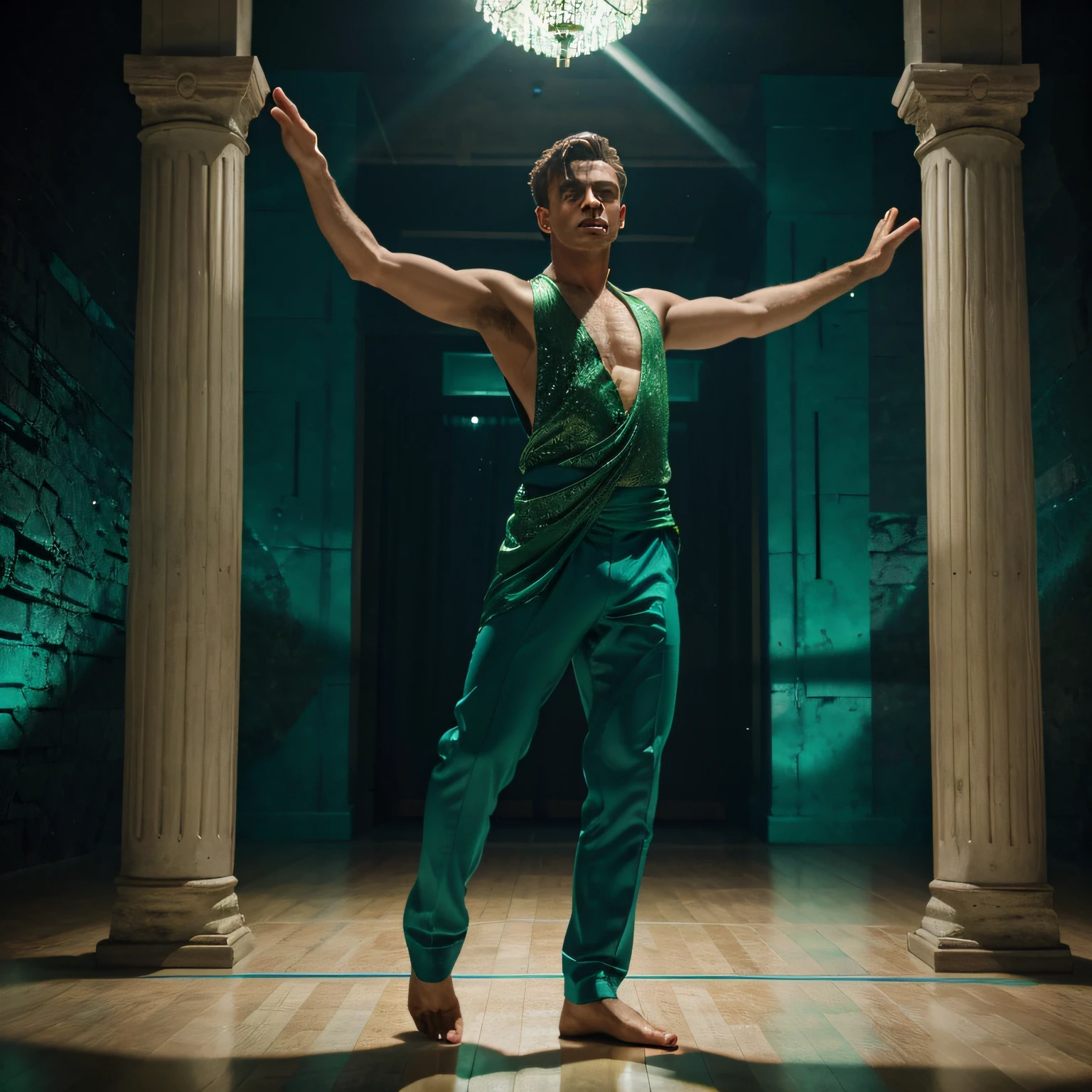 A man dancing a dance style called Contemporary Dance dressed in a tourmaline green outfit in a sci-fi setting inside ancient Atlantis with a movie quality and in a very vigorous manner, masculina