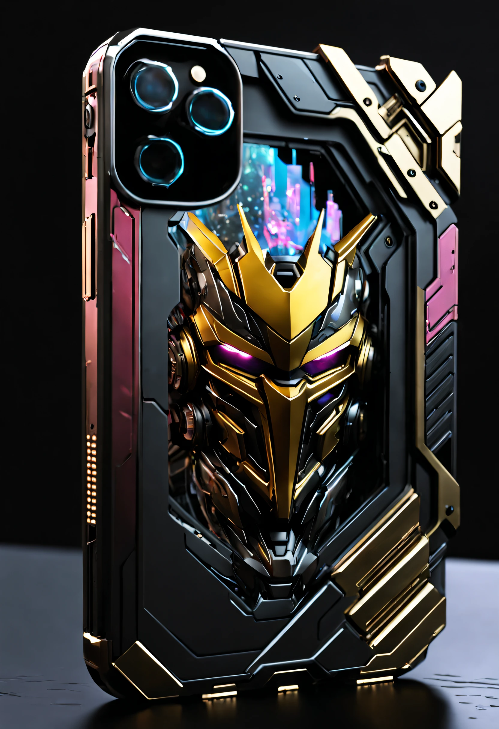 (iphone:1.2) Hyper-rendered 8k, Strong fear, Made of smooth paint and colored transparent material, Art beyond imagination, Machinary, crystal, The head of the Gundam mecha is engraved on the phone, No Man, fantasy, More details than I could have imagined, It's terrible,I can't describe it and then even the whole phone is full of details, It's really dangerous cyberpunk style, Cyberpunk