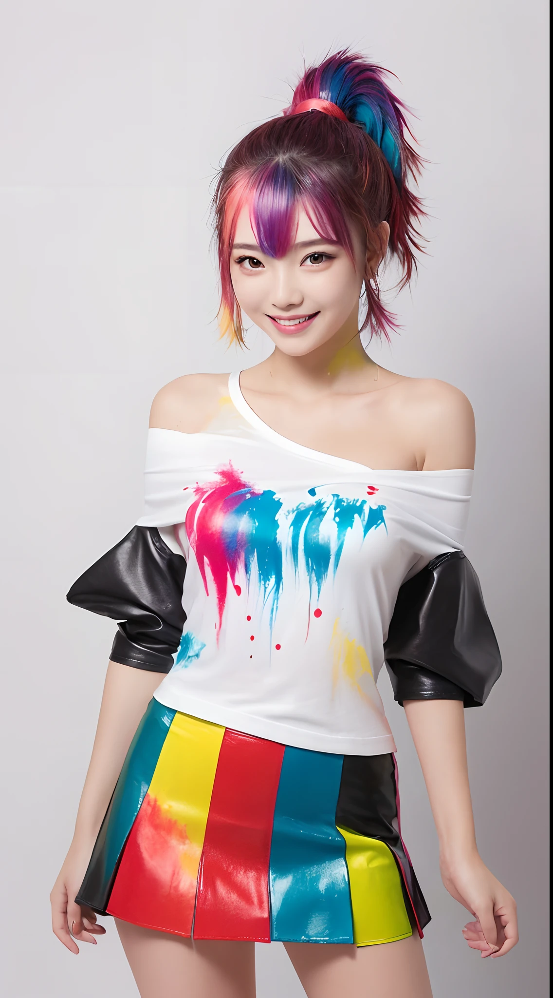 (solid background with vivid colored acrylic paint splashes:1.3), 1girl, (hair dyed with multiple colors:1.4), (ponytail hair), (small fresh, wipe chest), (white off-shoulder fashion T-shirt, leather mini skirt), (), (Highest Image Quality, Masterpiece), (lovely smile, excited), (sometimes hold a cat in her arms:0.6), dynamic pose