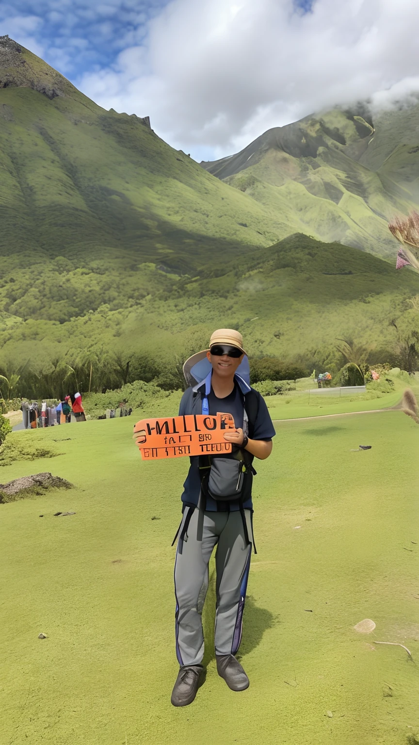 there is a man standing in a field holding a sign, moutain in background, with mountains as background, standing in front of a mountain, ramil sunga, with mountains in the background, during sunrise, standing close to volcano, in volcano, with mountains in background, with a happy expression, slightly smiling, at a volcano, garis edelweiss, wining