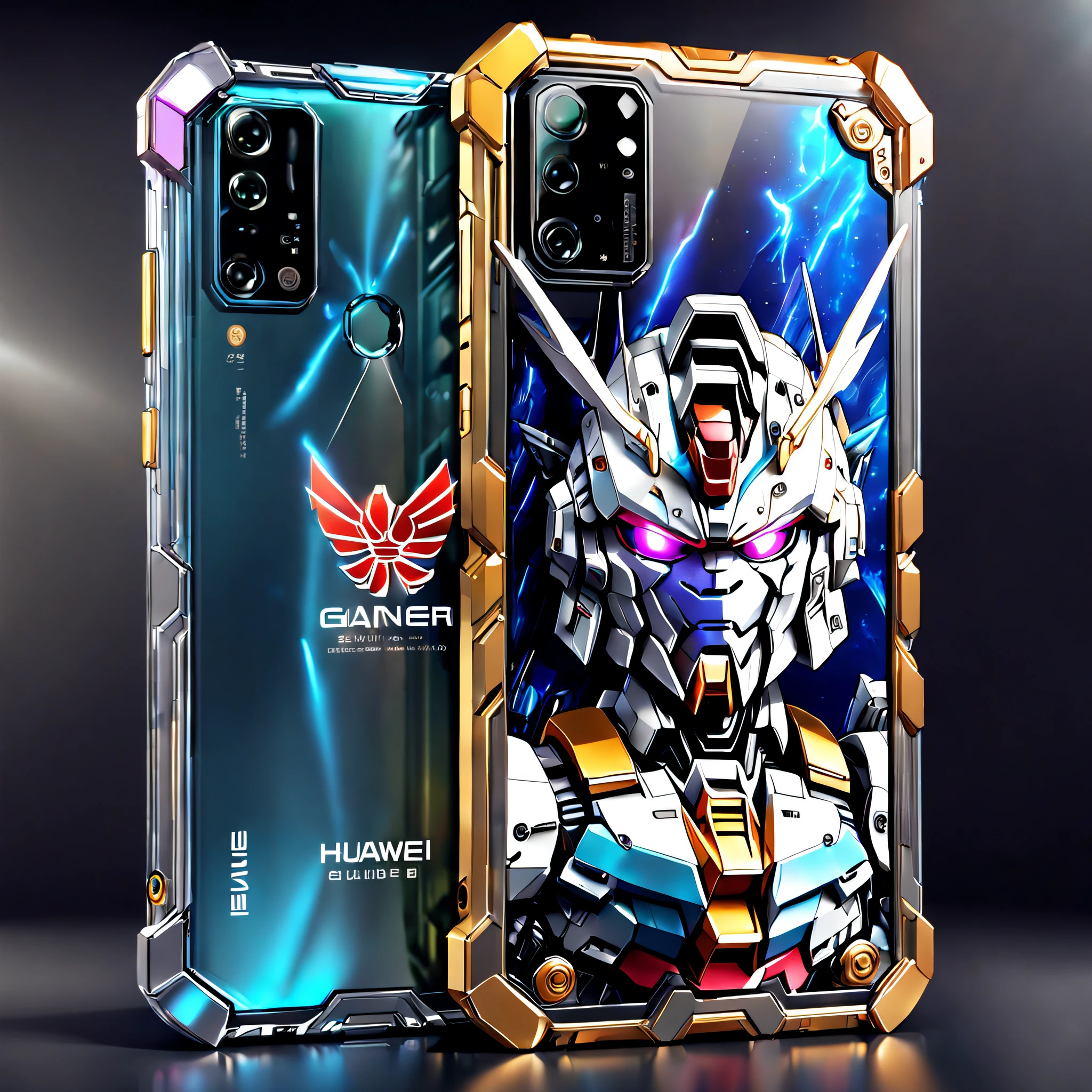 Huawei phones of the future, (Nothing but mobile phones)，(No Man), (Gundam mecha made of complex futuristic Huawei mobile phone 1，The head of the Gundam mecha is engraved on the phone，The entire phone is made of titanium and crystal glass structure，Sci-fi from start to finish，Details with metallic ice texture，Mechanical technology process manufacturing of the future，metallic  luster，Icy mechanical line beauty, Unix terminals, Mono Color, Clean user interface with high contrast, Concise background，Mobile advertising), Colorful colorful, luxury goods，Positive image, product-view, solofocus，(tmasterpiece), high qulity，1.4 times real, Simple icons, art  stations，(The front and back of future Huawei phones are in the same picture)，phone，Phone case