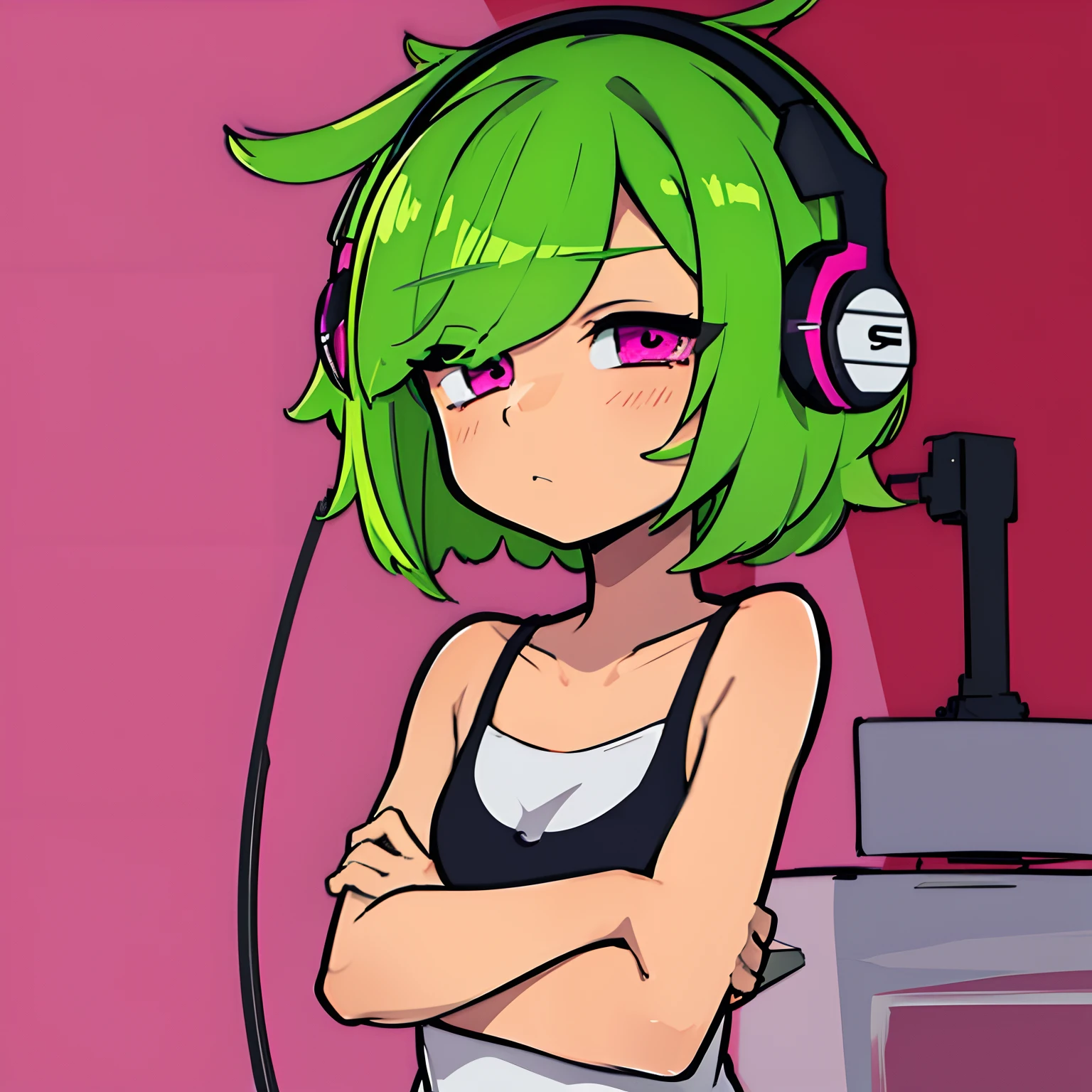 anime female short green hair and pink eyes listening to music with closed eyes no background