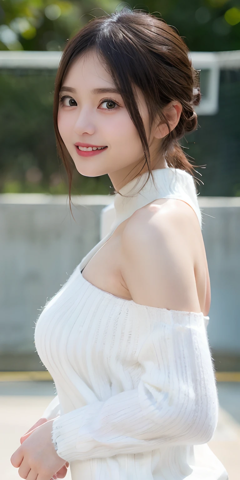 masutepiece, Best Quality,
Ultra-detailed, finely detail, hight resolution, in 8K,
((Photorealsitic:1.4, Raw photography, 超A high resolution,Top image quality: 1.4)),
Wallpaper,
((Perfect whole body configuration1.5)),
Beautiful detailed eyes, Natural Color Lip,
((a serene smile:1.5)),
((Random and cute hairstyles)),
((rather large breasts、You can see the chest:1.2)),
((from the front side:1.5)),
((breastsout、under look eyes、breastsout、Mole on the arm:0.9)),
((Random blurry background)),((the setting sun)),((Put your fingertips to your lips:1.5)),
((Random and cute facial expressions)),,
very detailed and professional lighting、
Perfect dynamic composition, Beautiful detailed eyes,((turned around:1.5)), ((White knitwear:1.5))、((long court:1.6)),((micromini skirt:1,5)),((A big smile:1.5)),((stares at the camera))