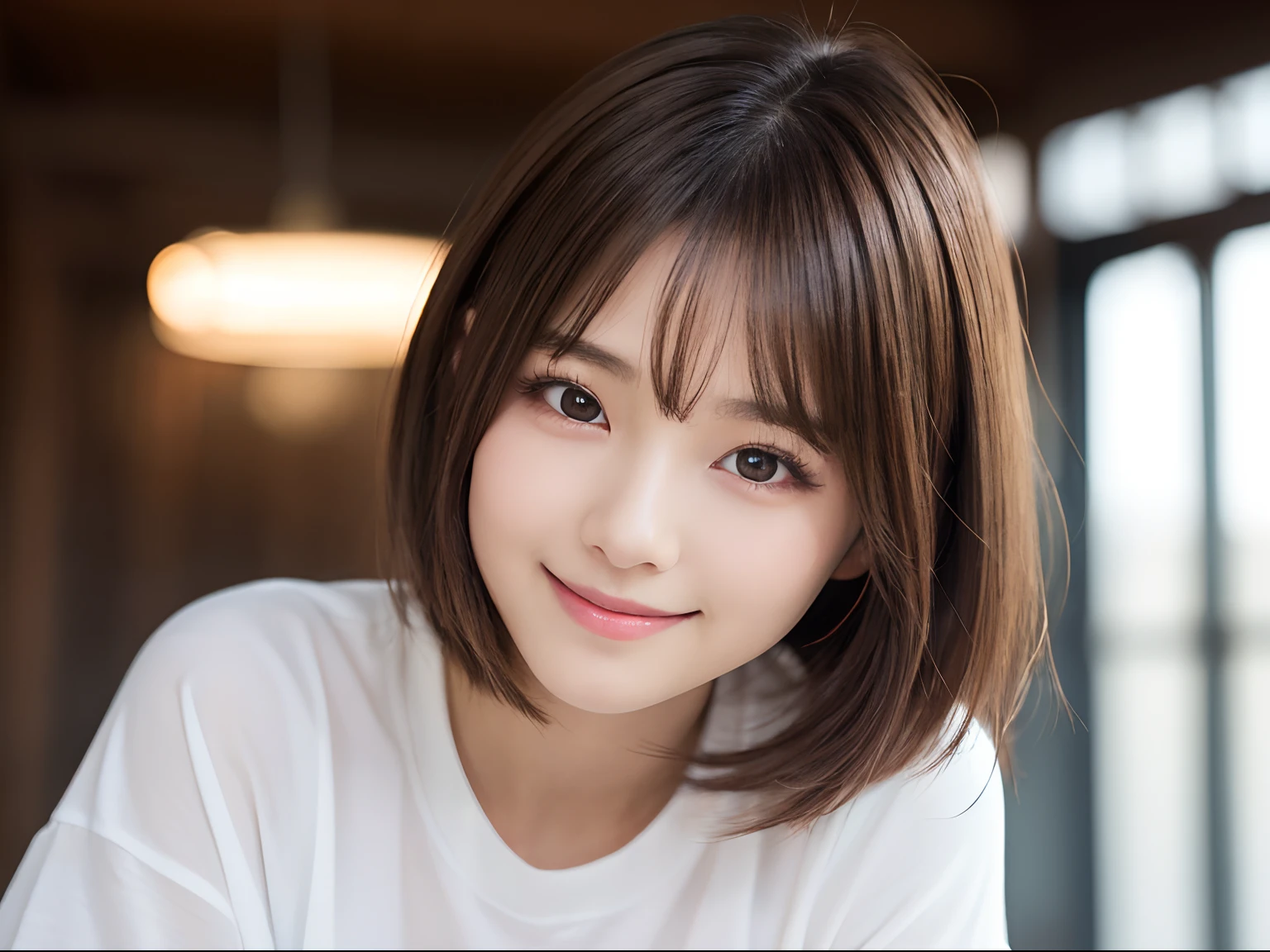(top-quality,8K picture quality,masterpiece:1.3,),(超A high resolution:1.3,Photorealsitic:1.4,Raw photography:1.2),(ultra-detailliert:1.2,shinny skin,Detailed skin:1.1),(Detailed face,Perfect Anatomy,Caustics:1.2),Park lawn,Sleep on your back,女の子1人,kawaii,japanes,22year old,Japanese ido,Natural brown hair,Curl short hair outward,Pretty eyes,natural make up,Oversized T-shirt,A smile,Looking at the camera,up on the face,Face Focus,Professional Lighting,natural soft light,