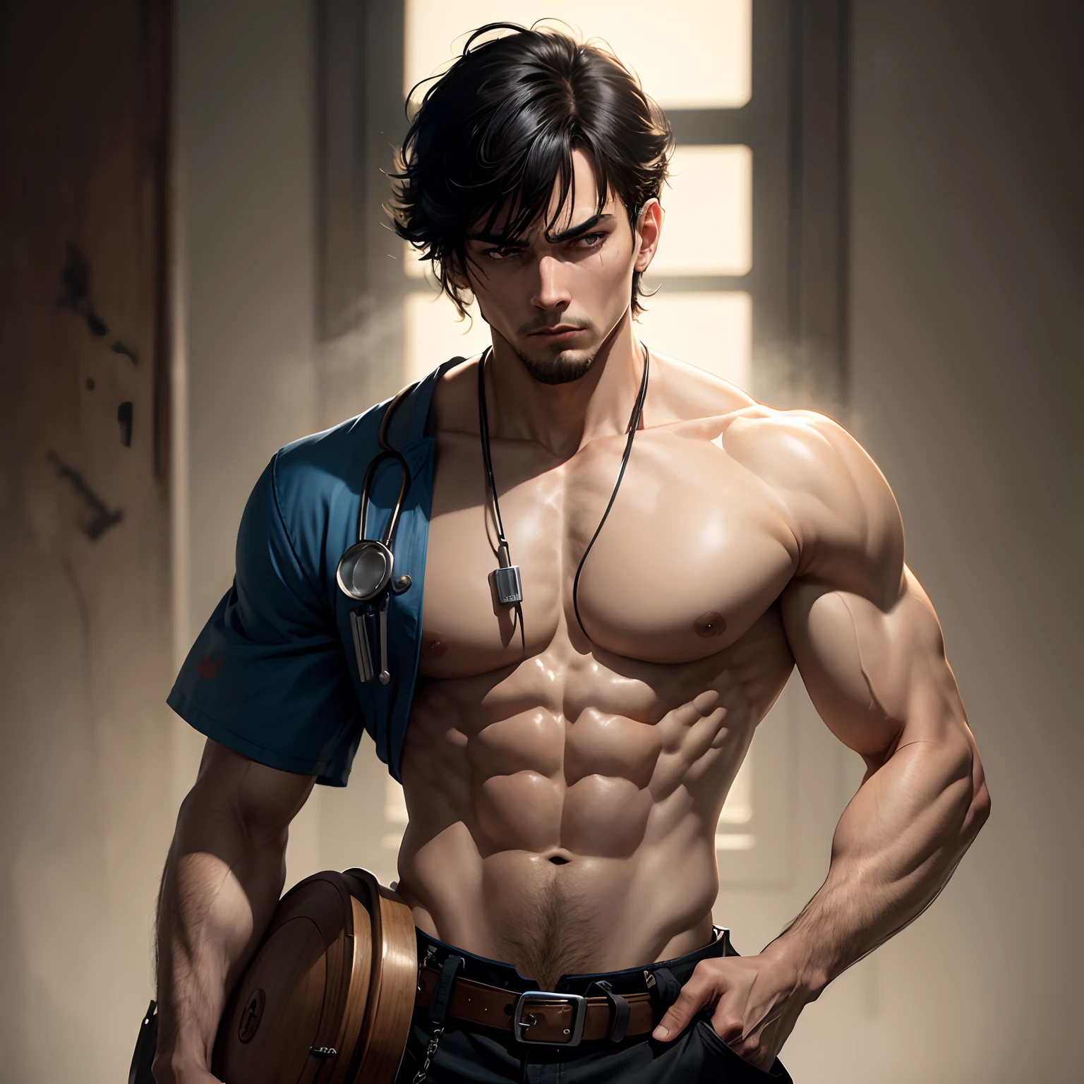8k, masterpiece, best quality, realistic, higly detailed, cowboy shot, 1boy, solo, Fuutarou, young man, fair skin, black hair, bowl cut, two strands sticking up from the back of his head, bangs that cover his forehead, blue eyes, slim physique, tall build, tends to slouch, serious expression, scary and thuggish vibe, bad guy, Nurse