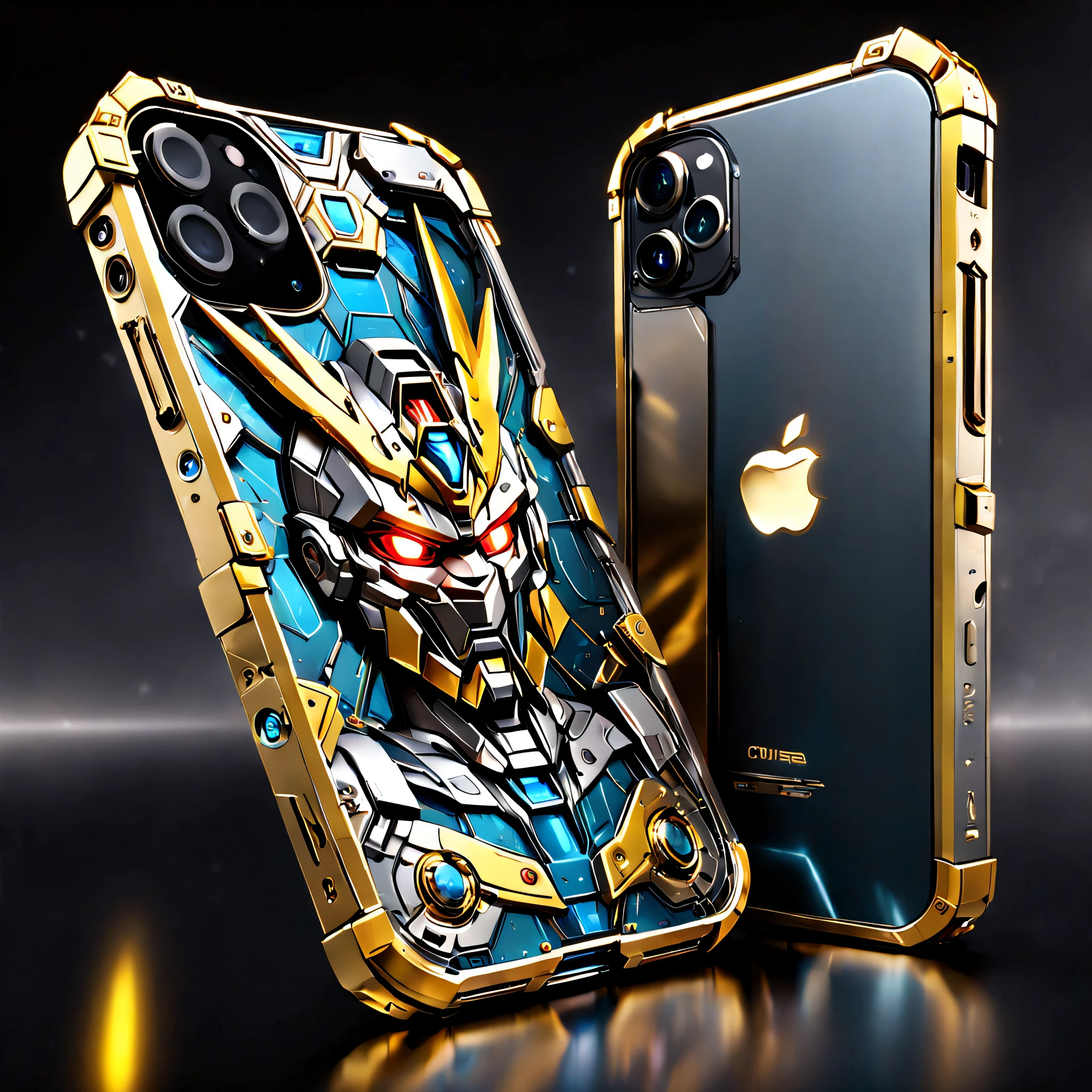 The future of iPhone, (Nothing but mobile phones)，(No Man), (Gundam mecha made of complex futuristic iPhone 1，The head of the Gundam mecha is engraved on the phone，The entire phone is made of titanium and crystal glass structure，Sci-fi from start to finish，Details with metallic ice texture，Mechanical technology process manufacturing of the future，metallic  luster，Icy mechanical line beauty, Unix terminals, Mono Color, Clean user interface with high contrast, Concise background，Mobile advertising), Colorful colorful, luxury goods，Positive image, product-view, solofocus，(tmasterpiece), high qulity，1.4 times real, Simple icons, art  stations，(The front and back of the future Apple phone are in the same picture)，phone，Phone case