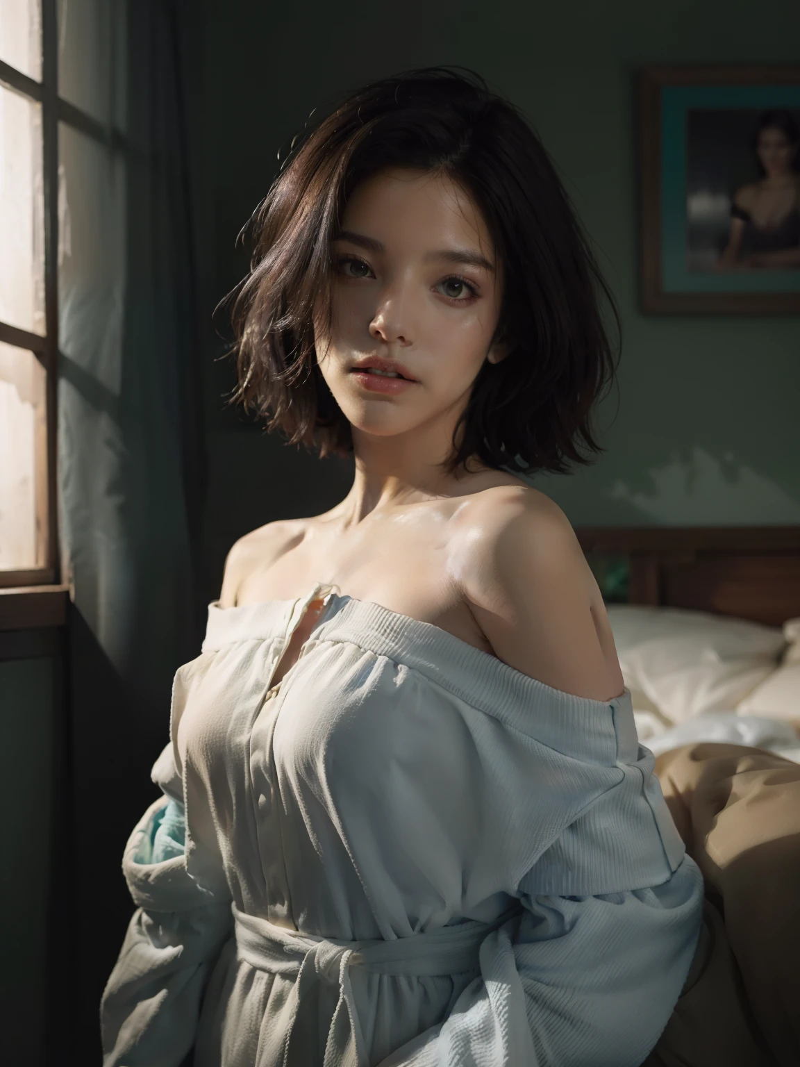 Best quality, masterpiece, ultra high res, (photorealistic:1.5), raw photo, 1girl, offshoulder, in the dark, deep shadow, low key, cold light, sexy look, short hair