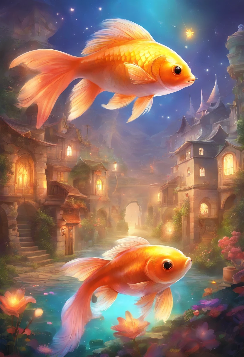 Stars shine,Colorful,Huge goldfish float over the city,Huge tail,Cute and cute,KIDS ILLUSTRATION,Glow effects,Dingdall effect,depth of fields,high light,Real light,Ray traching,oc rendered,Hyper-realistic,best qualtiy,8K,Works of masters,super-fine,Detailed pubic hair,Correct anatomy