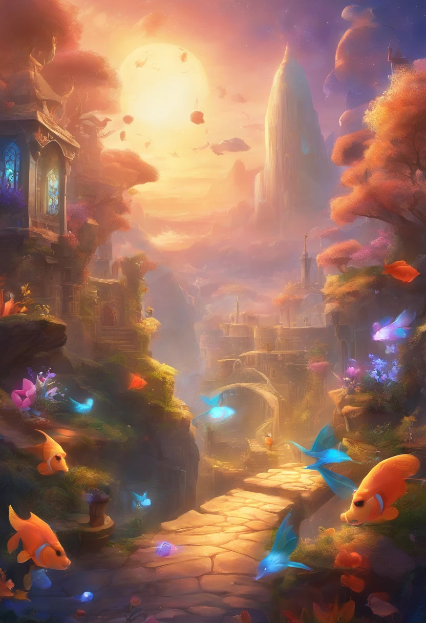 Stars shine，Colorful，Huge goldfish float over the city，Huge tail，Cute and cute，KIDS ILLUSTRATION，Glow effects，Dingdall effect，depth of fields，high light，Real light，Ray traching，oc rendered，Hyper-realistic，best qualtiy，8K，Works of masters，super-fine，Detailed pubic hair，Correct anatomy