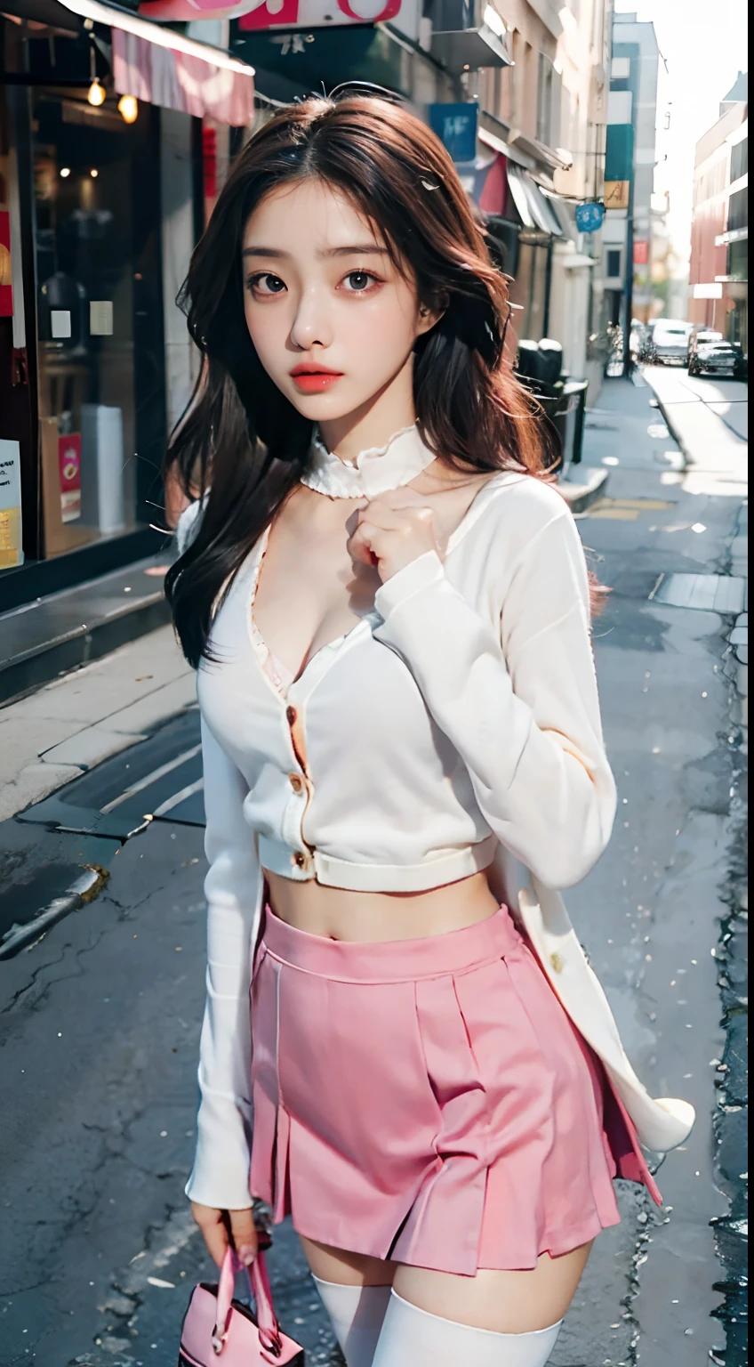 Best Quality, full-body portrait, a delicate face, beautifull face, Big Eyes: 1.1, makeups: 1.3, 25yo female, (((slender fit body))), Small bust, White Office Shirt, cardigan, Pink Hip Skirt, Black stockings, outdoor scene, standing posture