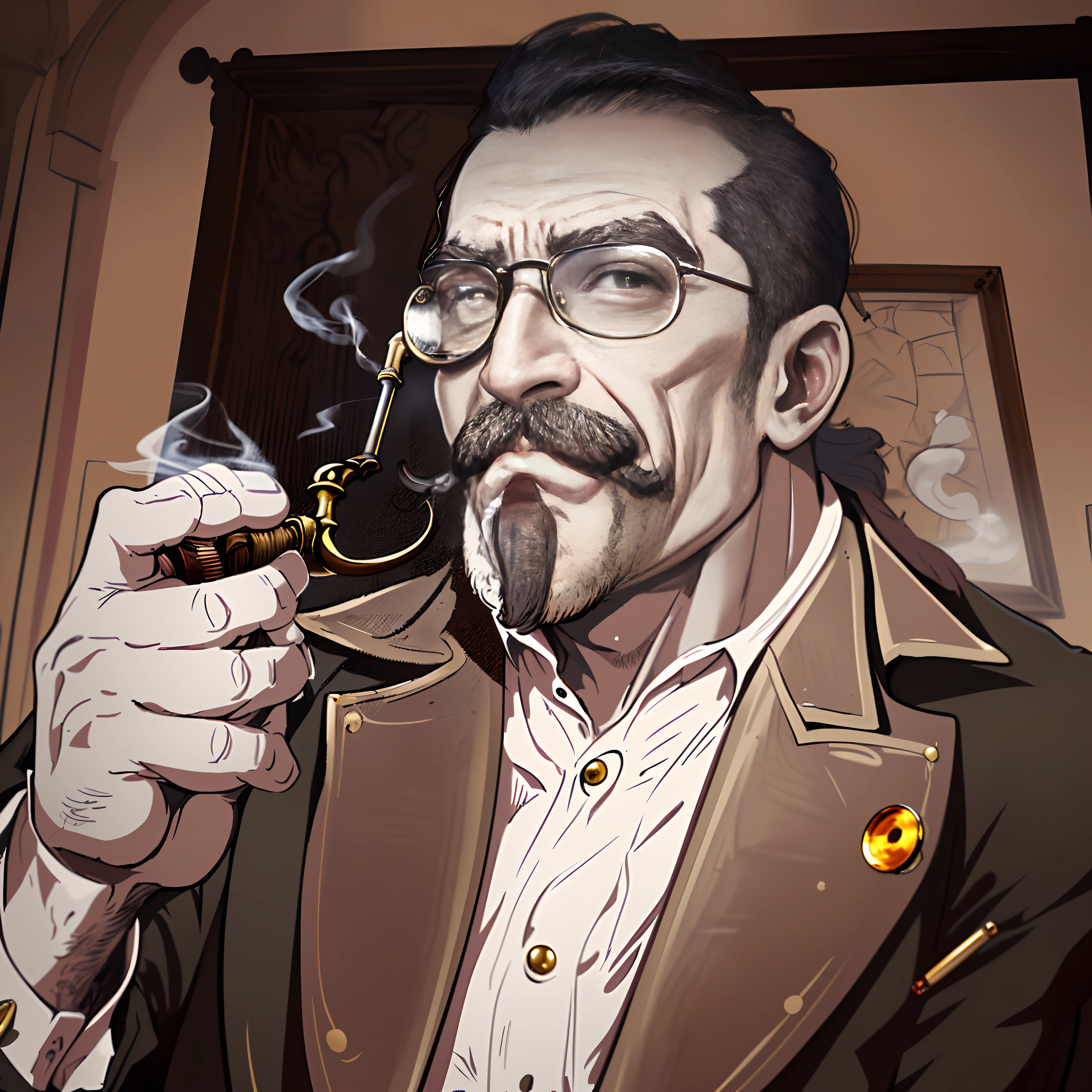 there is a man that is holding a pipe and a cigarette, muttonchops, wearing a monocle, wearing victorian goggles, with nerdy! glasses! and goatee, wearing victorian brass goggles, steampunk monocle, inspired by David Begbie, inspired by Vint Lawrence, a salt&pepper goatee, handlebar mustache, inspired by John Murdoch