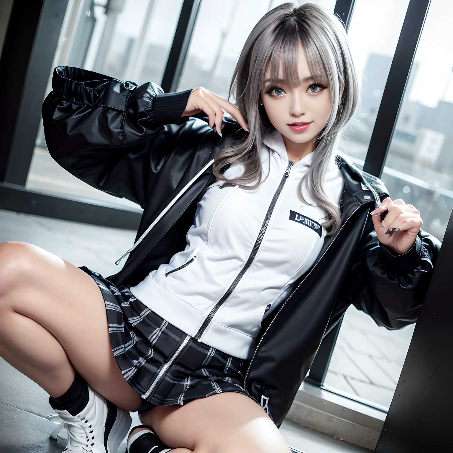 Masterpiece, 8K, award-winning photos, photorealistic, realistic, ultra detailed, ultra high definition, ray tracung, _ the most beautiful, 22 years old ,(sexy,Japanese idol, gray hair, short hair),shiny skin , detailed skin , detailed face , perfect anatomy,
_
BREAK (droopy eyes, Natural makeup,smile, glistening teeth1.2),light color medium breasts,
_
glowing blue eyes, tan skin,
_
BREAK (black and White theme:1.4), (oversized and baggy black outerwear:1.3), (fusion of black windbreaker and White hoodie:1.4), (black and WhiteNylon:1.4), ((zipper, large pocket):1.3), BREAK (black and white plaid-pattern pleated-skirt:1.2), (black platform HIGH boots:1.2),
Inorganic concrete studio with windows, highly detailed background, , ultra-realistic textures, dramatic lighting ,raw photo, (1girl), _(dutch angle , dynamic pose ,on side:1.2), looking at viewer,