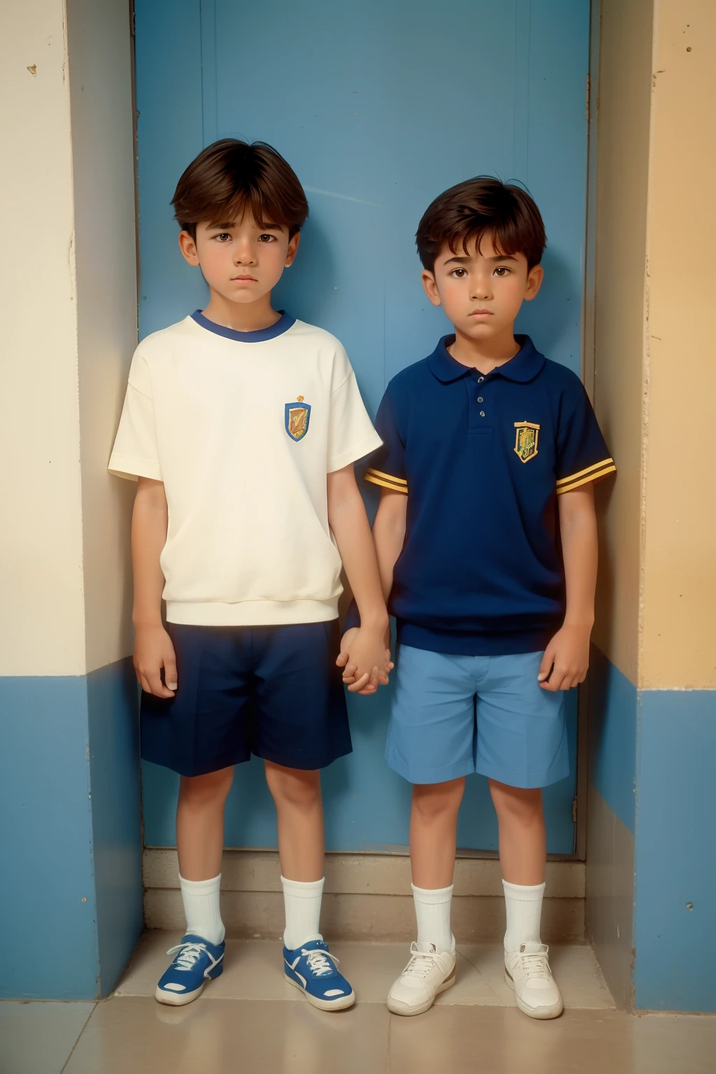 Year: 1988. Location: Northern Spain. two 11-year-old boys, elementary school, standing, grounded, in front of a wall in the school aisle, ((upset)), holding hands, ((("OMITB" cinematography)))