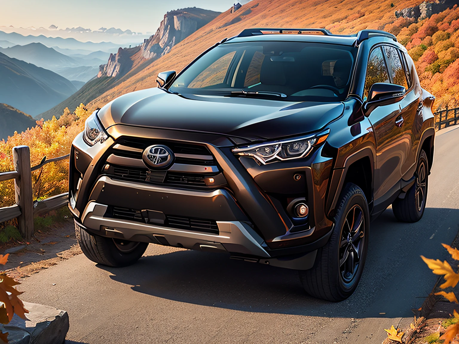 超A high resolution、An ultra-high picture quality、8K、Detailed details、marvelous expression、Late autumn valley、Beautiful autumn leaves、A black SUV that runs gracefully on a mountain pass built along the mountain、((Toyota RAV4))