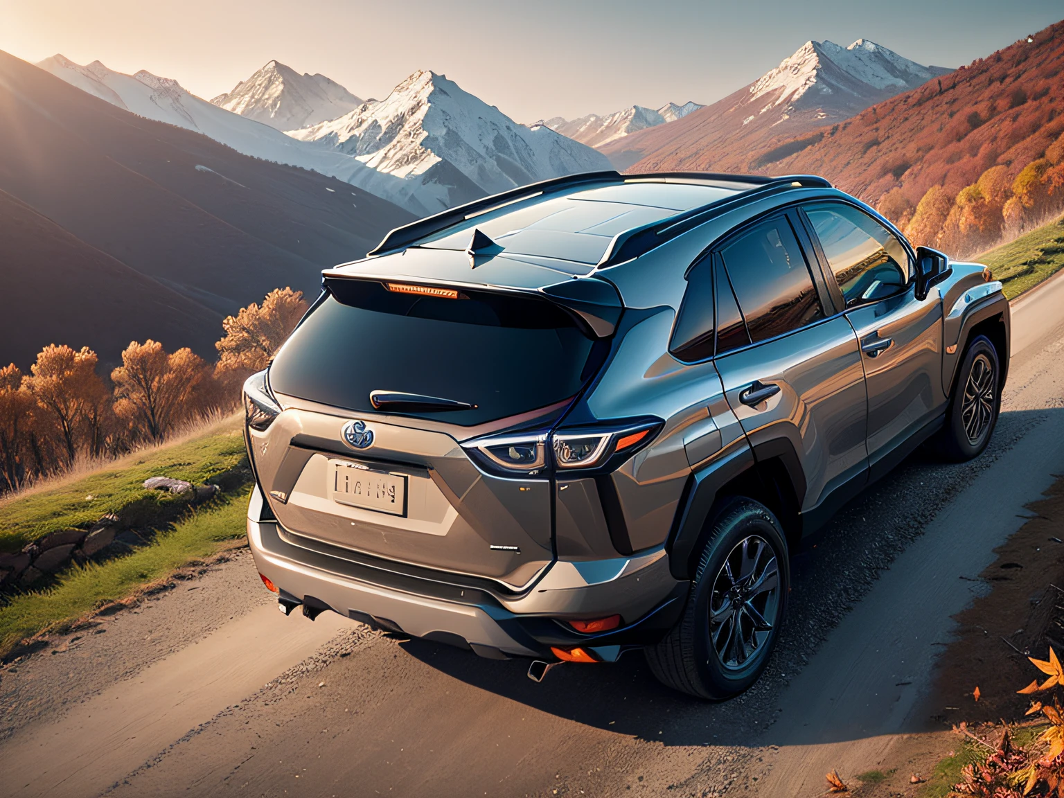 超A high resolution、An ultra-high picture quality、8K、Detailed details、marvelous expression、Late autumn valley、Beautiful autumn leaves、A black SUV that runs gracefully on a mountain pass built along the mountain、((Toyota RAV4))