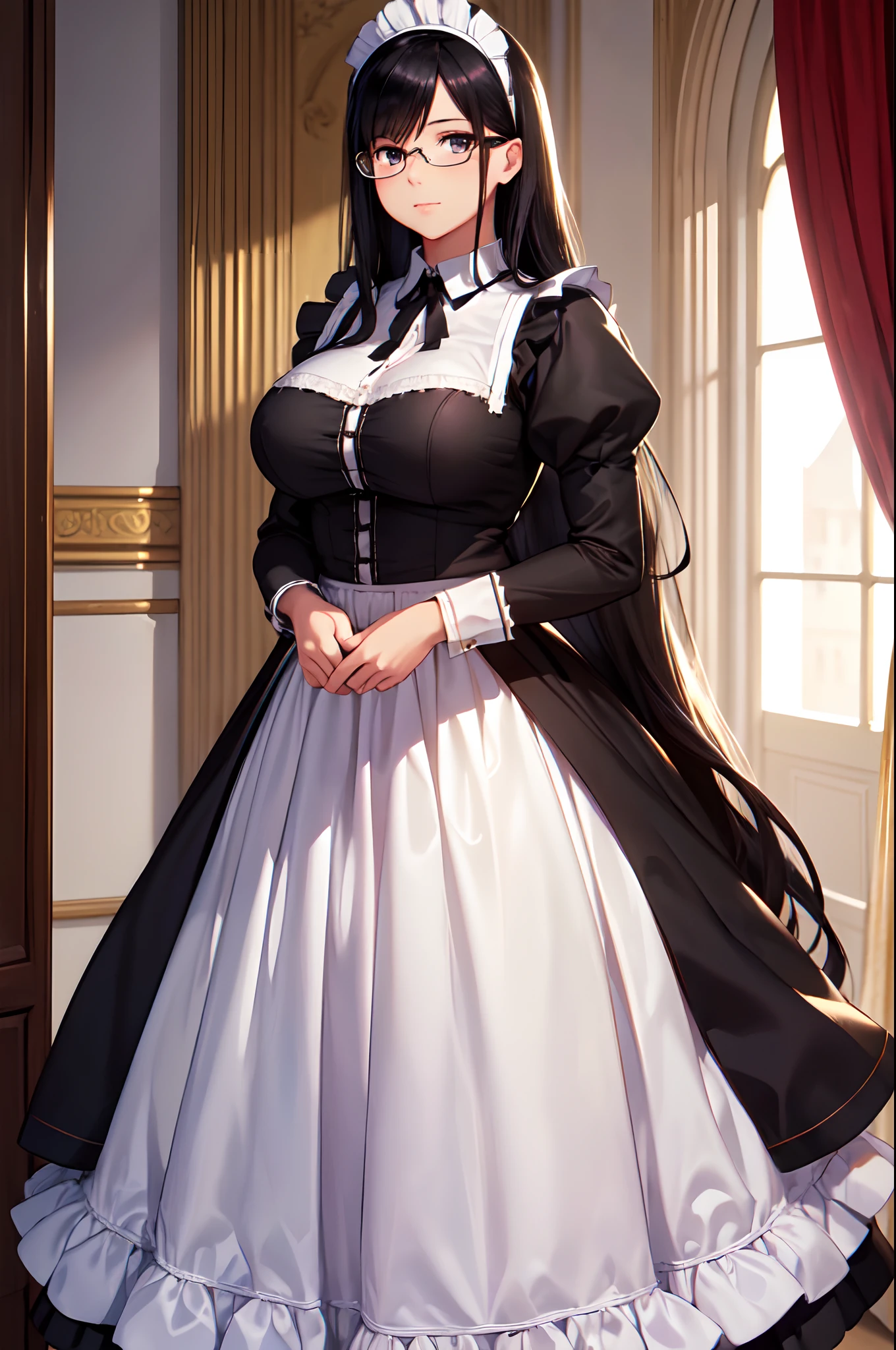 (High quality, High resolution, Fine details, Realistic), (Classic Maid's Clothes), long skirt, (A room in a castle), Standing, solo, Curvy women, Long black hair, Black Frame Glasses, Folded arms, sparkling eyes, (Detailed eyes), Large breasts, Shallow depth of field