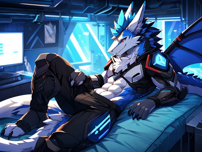 独奏，Male，Huge anthropomorphic furry Sergal characters，nakeness，Wear only black shorts, ripped abs,, Black and white fur, Bright blue mohawk, Shark tail，Dragon wings，A toothy and seductive smile, Cyberpunk interior background,sobu， scenic, Best quality, view the viewer, the sideview, Mecha core，ssmile，Be red in the face，Brainwashing，Lie down in bed，Raised Legs，Cute wolf claws