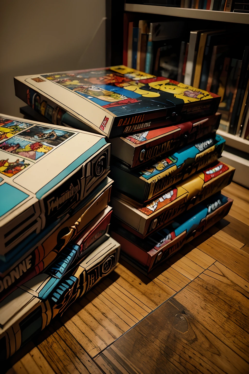 A closeup of a comic book display on a shelf, um painel de quadrinhos inspirado em Wally Wood, Tumblr, underground comix, Quadrinhos antigos na cidade, Quadrinhos, Comics, Marvel Comics DSLR HDR, comic book, Era de Prata dos Quadrinhos, Linhas Negras de Quadrinhos, Stack of comics on the floor, estilo de quadrinhos, Quadrinhos da Marvel, comic, quadrinhos vintage