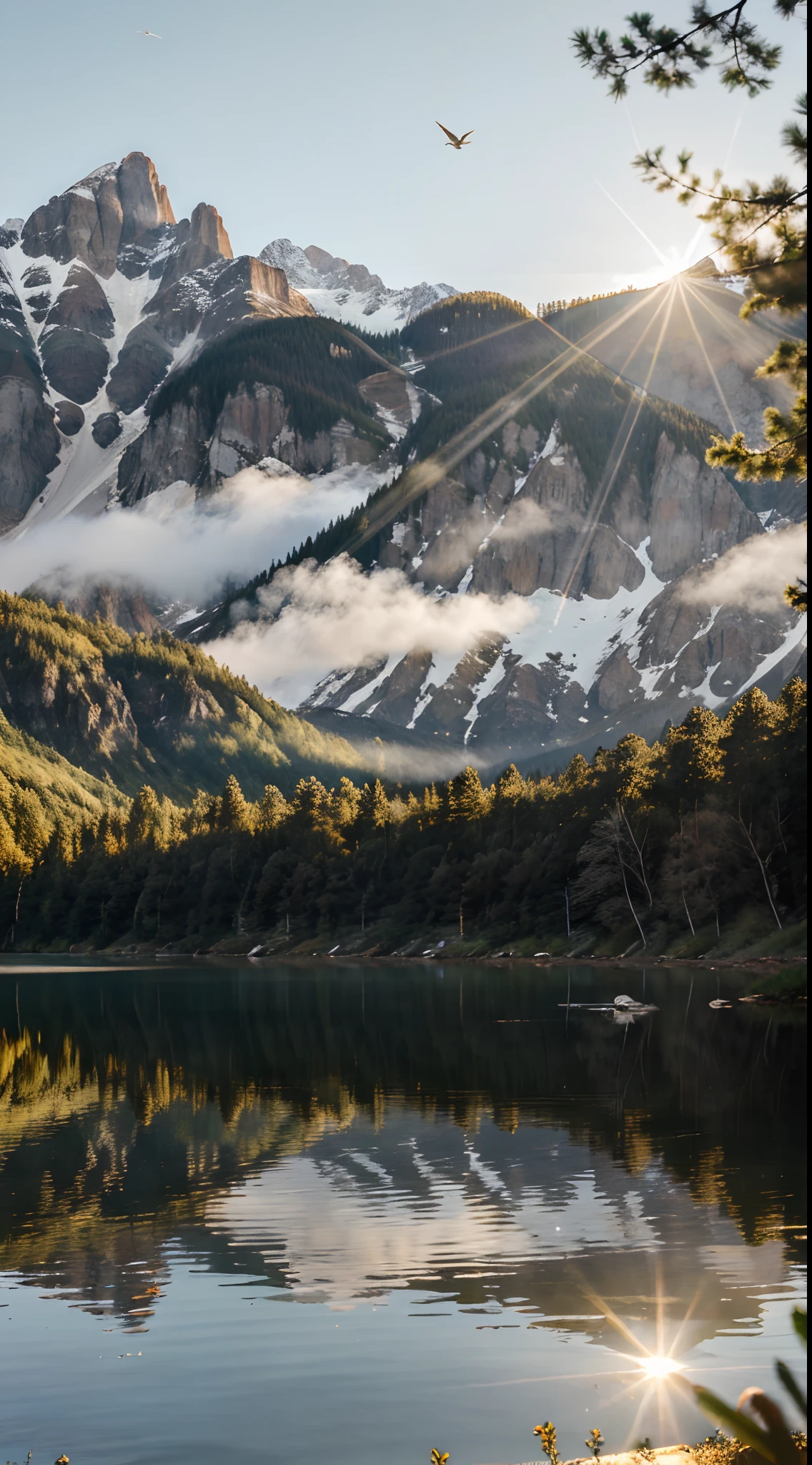 Dawn, lake, bright sun, lake, glare, lighting, birds in the sky, forest and mountains in the distance, raw photo,