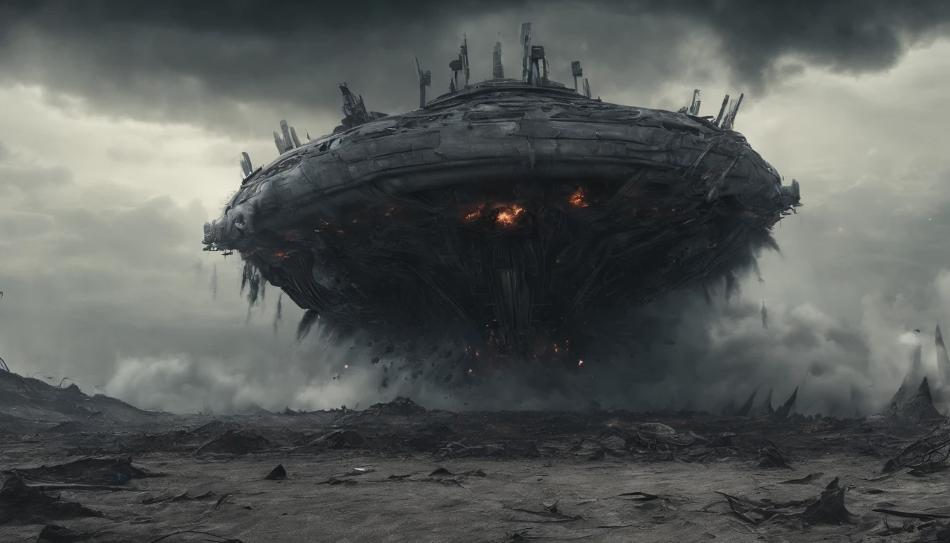 (best quality,4k,highres,masterpiece:1.2),ultra-detailed,(realistic,photorealistic,photo-realistic:1.37),glossy spaceship crash landing on alien planet, tentacles, smoke, explosion,muted color grading, sci-fi, wide-angle shot