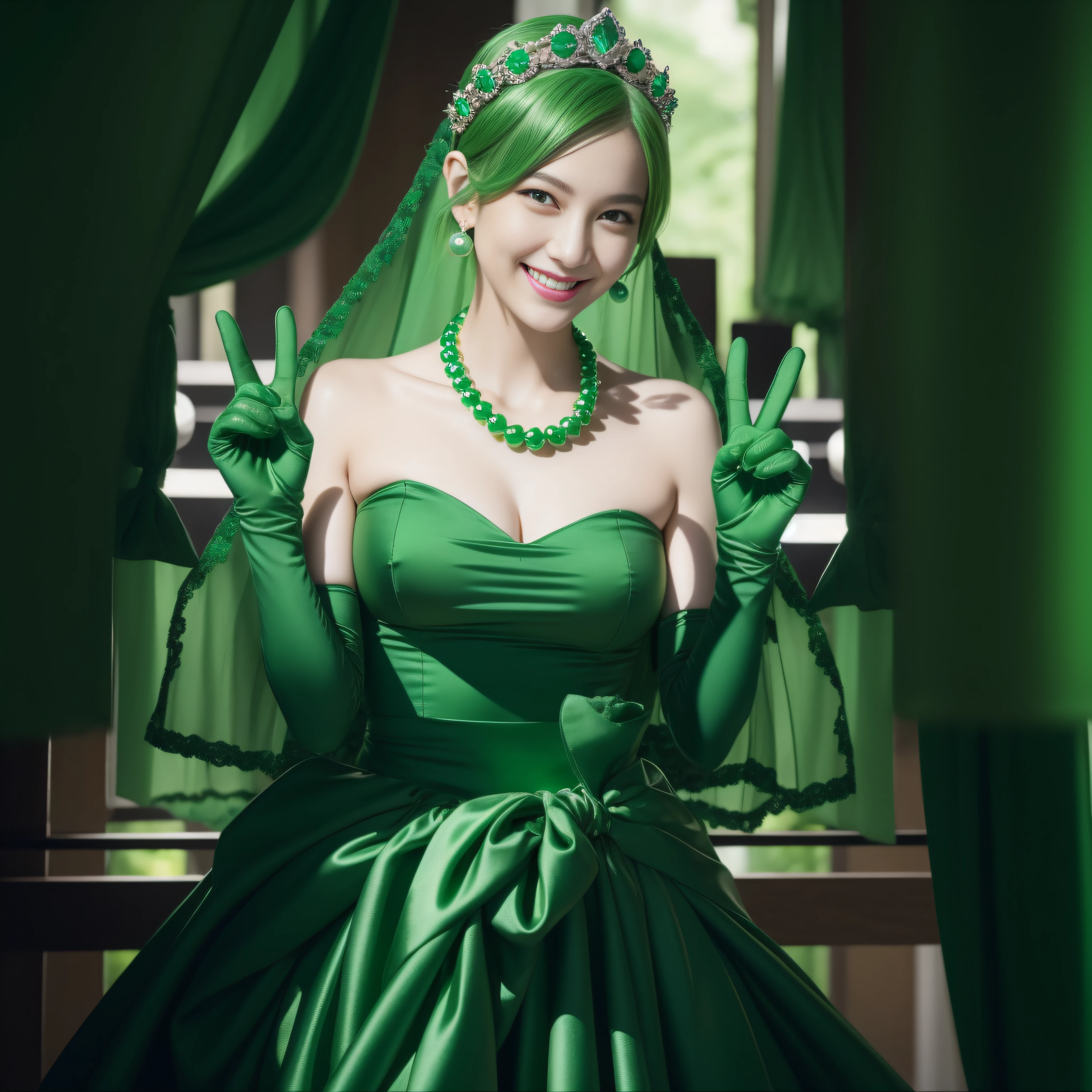 emerald tiara, Green Pearl Necklace, Boyish very short green hair, lipsticks, Japan woman smiling, very short short hair, big breasts beautiful, Green eyes, Long green gloves made of satin material, Green eyes,v sign,Emerald earrings