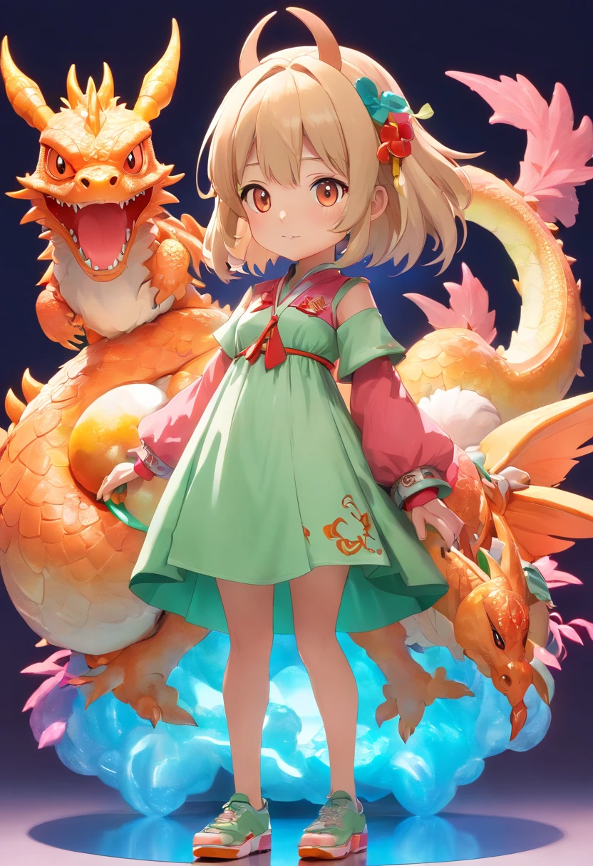 Chinese Dragie, (Blind box toy style:1.2), (full body shot of) , Grapefruit elements,Cute girl fantastic glow, glowing neon lights, ren, White background, ( globalillumination, Ray traching, hdr, unreal render,reasonable design, detail-rich, tmasterpiece, Best quality, hyper HD, cinmatic lighting)