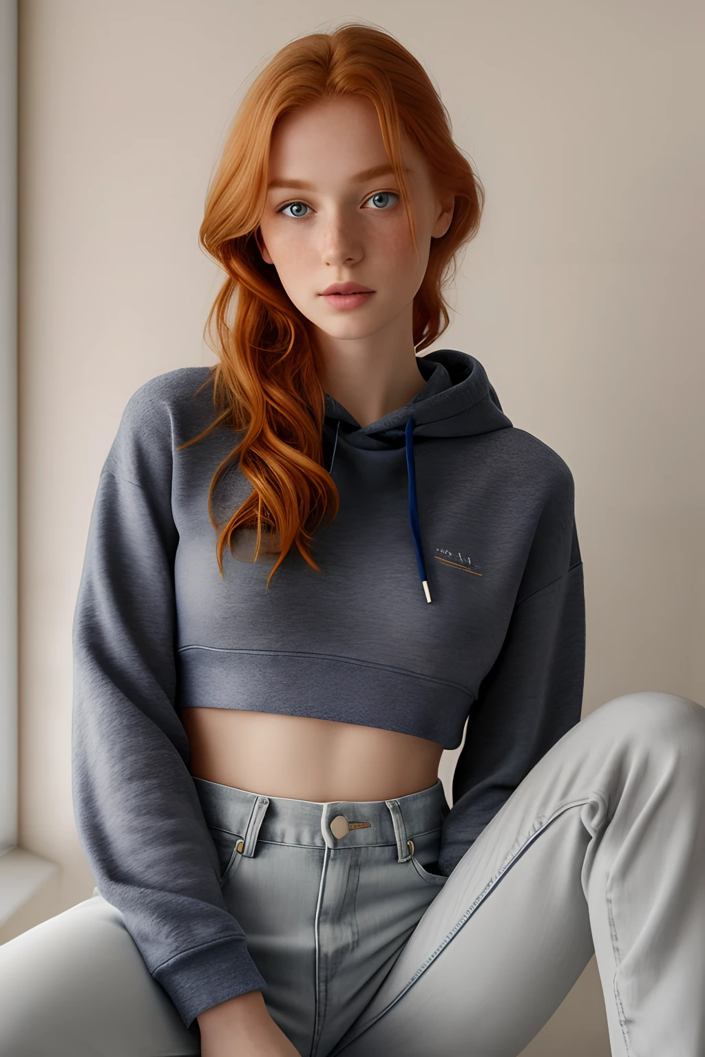 1girl in, age19, Solo, Aesthetic artwork, irish  redhead, wavy ginger hair in a messy ponytail, shoulder length ginger hair, gray eyes, light grey eyes, some small freckles, pale skin, A-cup, small breasts, runners body, fullbody shot, (textured skin, skin pores:1.1), (moles:0.8), imperfect skin, goosebumps, (navy blue crop top hoodie: 1.15), navy blue crop top, (white jeans, sitting down having, drinking coffee, (extremely detailed 8k wallpaper), soft lighting, high quality, film grain, Fujifilm XT3 sharp focus, f 5.6, 50mm, High Detail, Sharp focus,(natural light),  crazy details, complex details, hyperdetailed