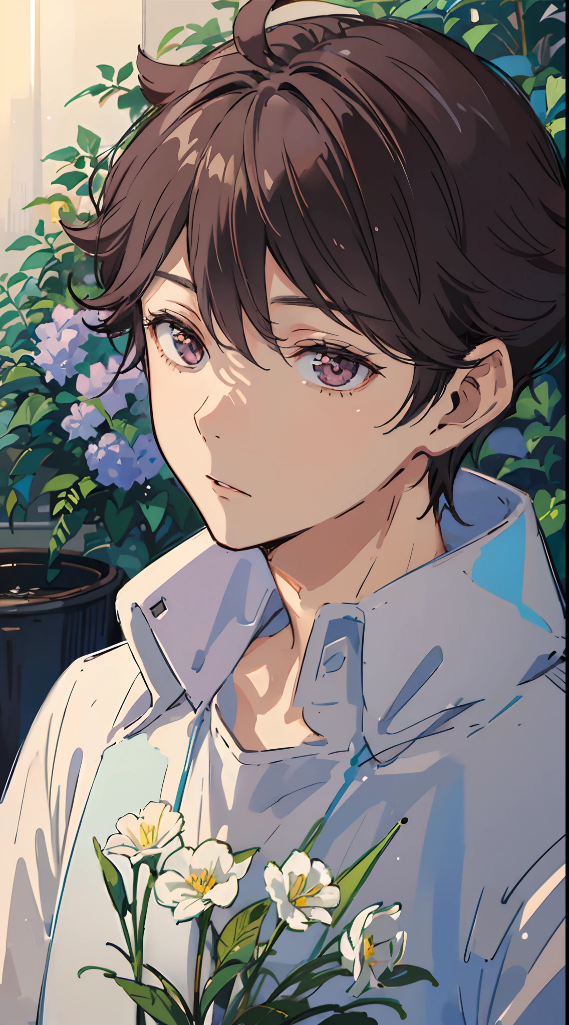 1 man, oikawa tooru, looking in front, facing forward, looking at viewer, perfect face, flowers, plants, cinematic lighting, innocent expression, prince outfit, detailed shading, details