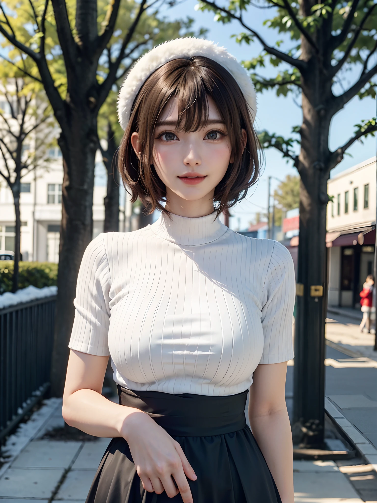 (masutepiece:1.4, top-quality、Very attractive adult beauty with a very cute smile:1.4、Add intense highlights to the eyes:1.4、Look firmly at the camera、Beautiful woman full of adult charm:1.4),1girl in, 独奏, Light brown shiny hair, muffler,Santa Claus hat:1.4,realisitic, looking at the viewers, Bright colored crystal light blue eyes:1.4, short shiny hair, Santa Claus Starneck Knit、 Red and white costume of Santa Claus in a turtleneck with a round hole in the center of the chest:1.4,Sexy red and white turtleneck knit sweater with round hole in the center of chest:1.4、 s lips, lipgloss:1.4,bangss, The upper part of the body、big eye、Lashes、The face is a little red:1.4、Embarrassing)、((Canada's tree-lined streets in winter:1.4))、((Brunette's short bob hair with bangs、big eye、Put very strong highlights in your students:1.4、{Gigantic|Big|Huge|Mega} breasts:1.4、very Bigger breasts、gazing at viewer、Very beautiful beauty、Put your ears out:1.4、long neck:1.4、little smiling、Beautiful teeth、Open your mouth and smile:1.4))、28 year old:1.4、Very cute supermodel:1.4、