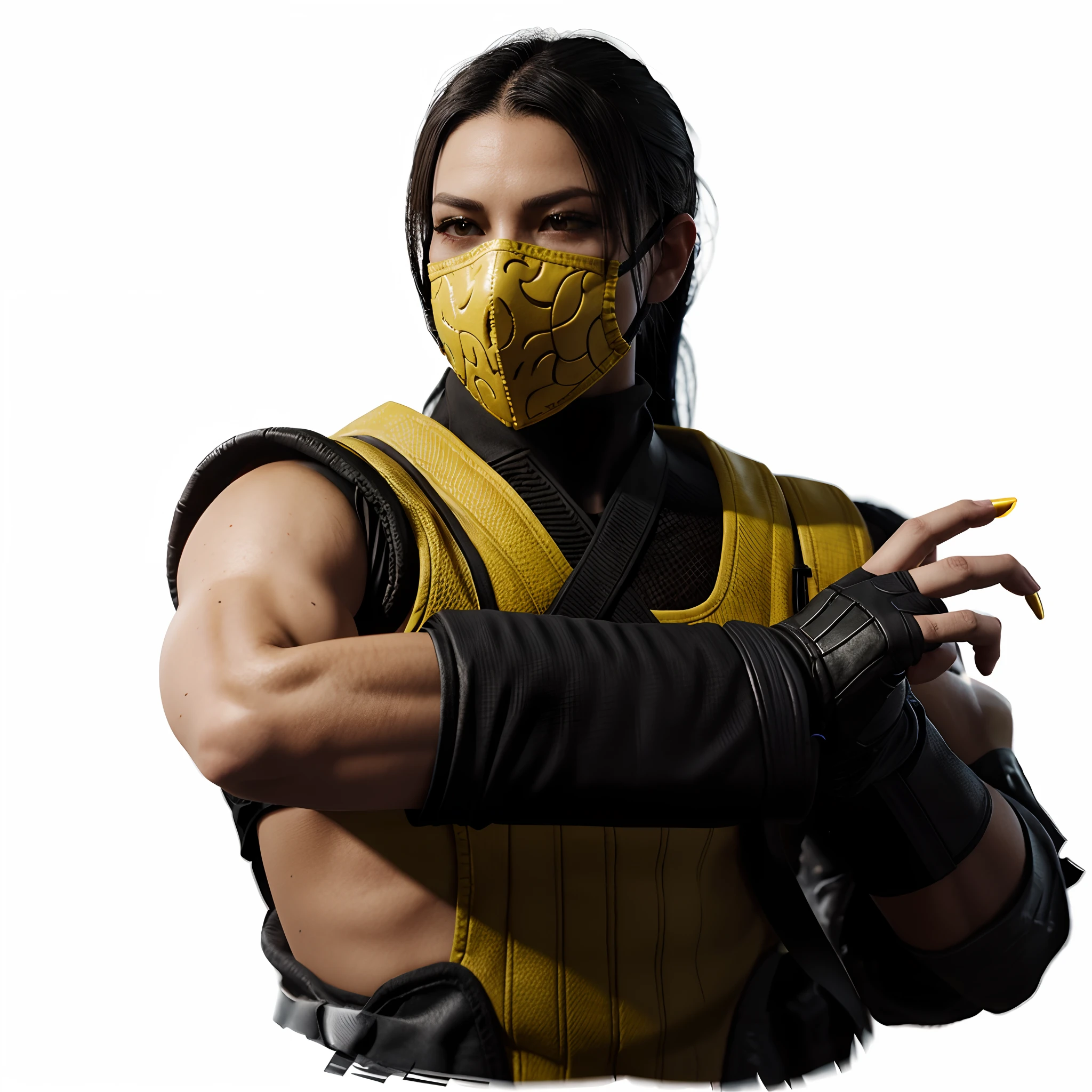 a close up of a person wearing a yellow mask and a yellow vest, scorpion from mortal kombat, mk ninja, high detail iconic character, detailed character, detailed hands, detailed face, detailed eyes, character from mortal kombat, fighting game character, 8k portrait render, scorpion, 3 d render character art 8 k, in mortal kombat, 8k hq, posing for a fight intricate, mortal kombat 11, octane 8k render